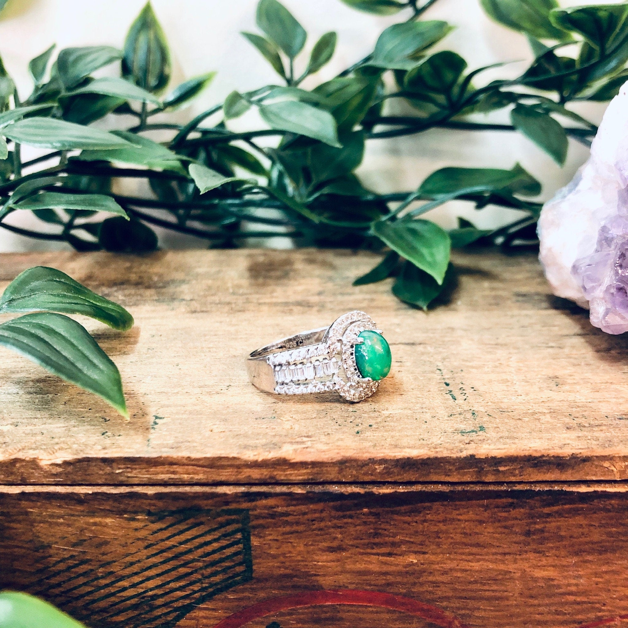 Vintage Silver Ring, Green Stone, Opalescent Stone, Faux Diamond Ring, Statement Jewelry, Vintage Jewelry, Green and Silver, Sparkly Ring
