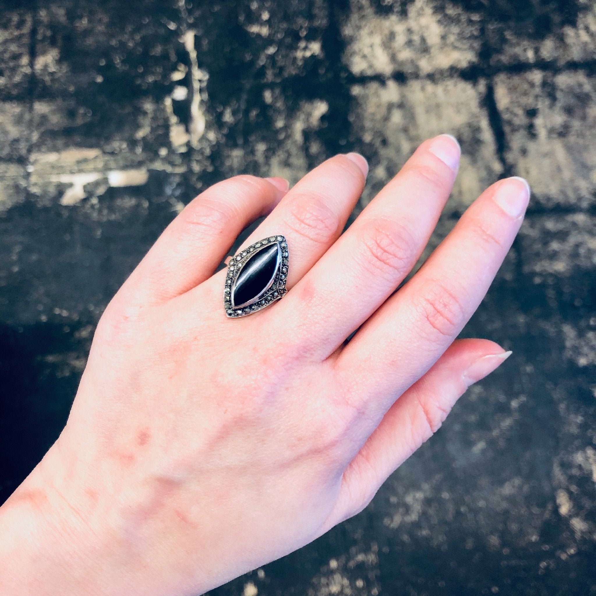 Vintage Silver Ring, Onyx Ring, Marcasite Jewelry, Silver and Black, Vintage Jewelry, Statement Jewelry, Engagement Ring, Ring for Wedding