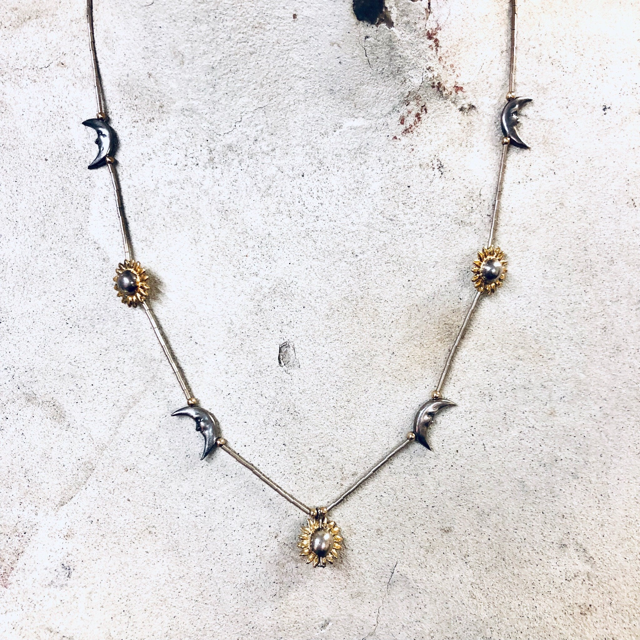 Vintage Silver Necklace, Moon Necklace, Star Necklace, Beaded Necklace, Sun Jewelry, Vintage Jewelry, Moon and Sun, Gold Accents, Thin Chain
