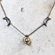 Vintage Silver Necklace, Moon Necklace, Star Necklace, Beaded Necklace, Sun Jewelry, Vintage Jewelry, Moon and Sun, Gold Accents, Thin Chain