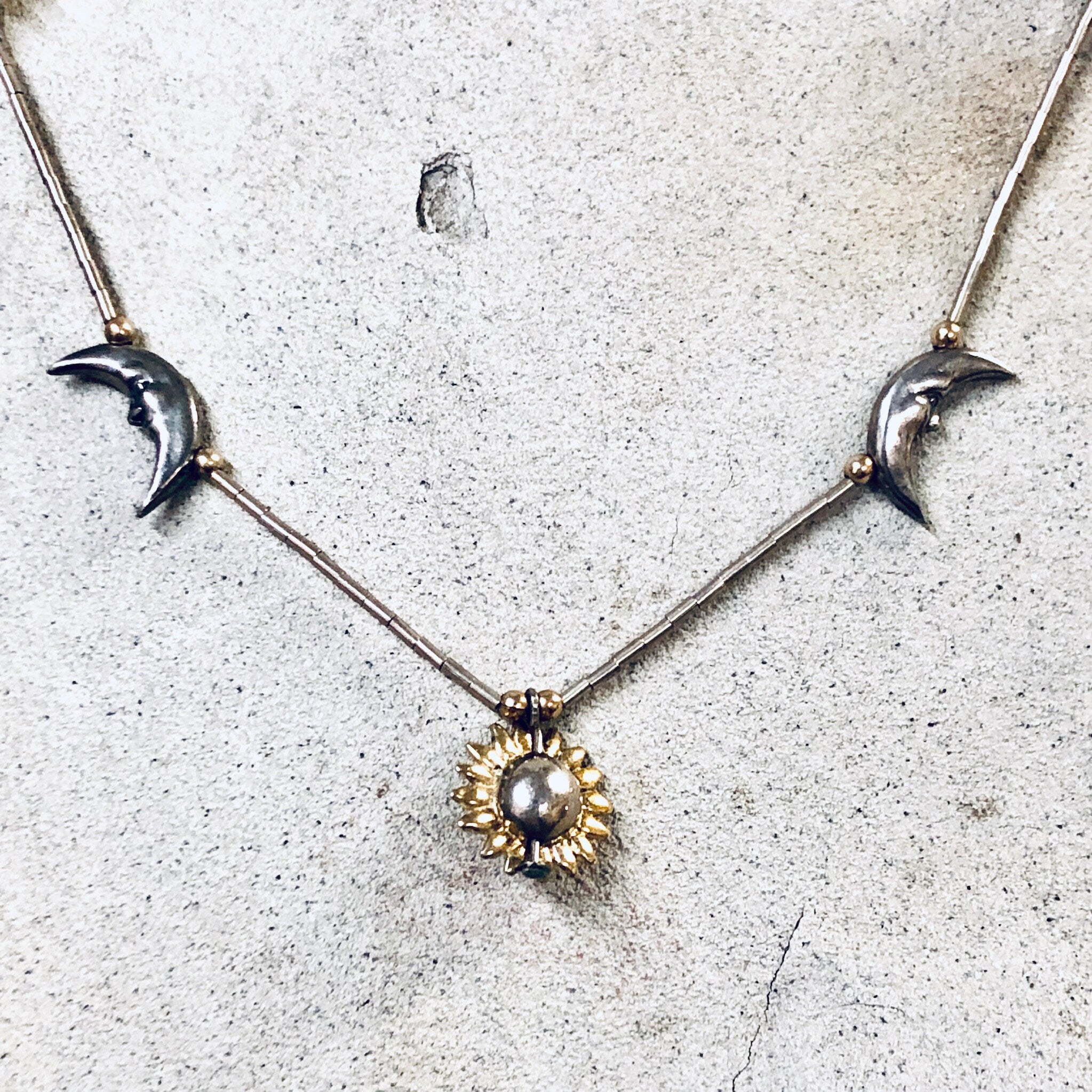 Vintage Silver Necklace, Moon Necklace, Star Necklace, Beaded Necklace, Sun Jewelry, Vintage Jewelry, Moon and Sun, Gold Accents, Thin Chain