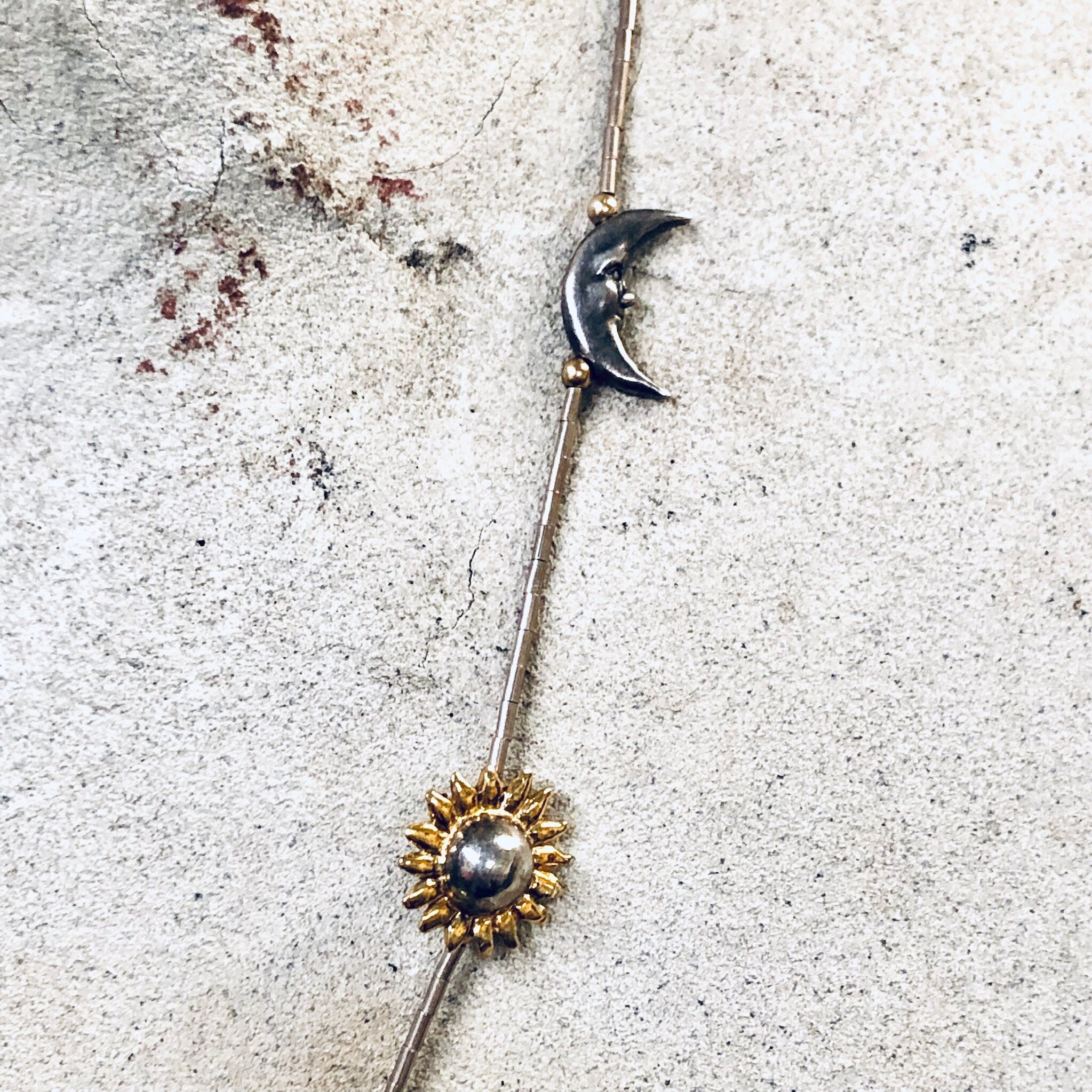 Vintage Silver Necklace, Moon Necklace, Star Necklace, Beaded Necklace, Sun Jewelry, Vintage Jewelry, Moon and Sun, Gold Accents, Thin Chain