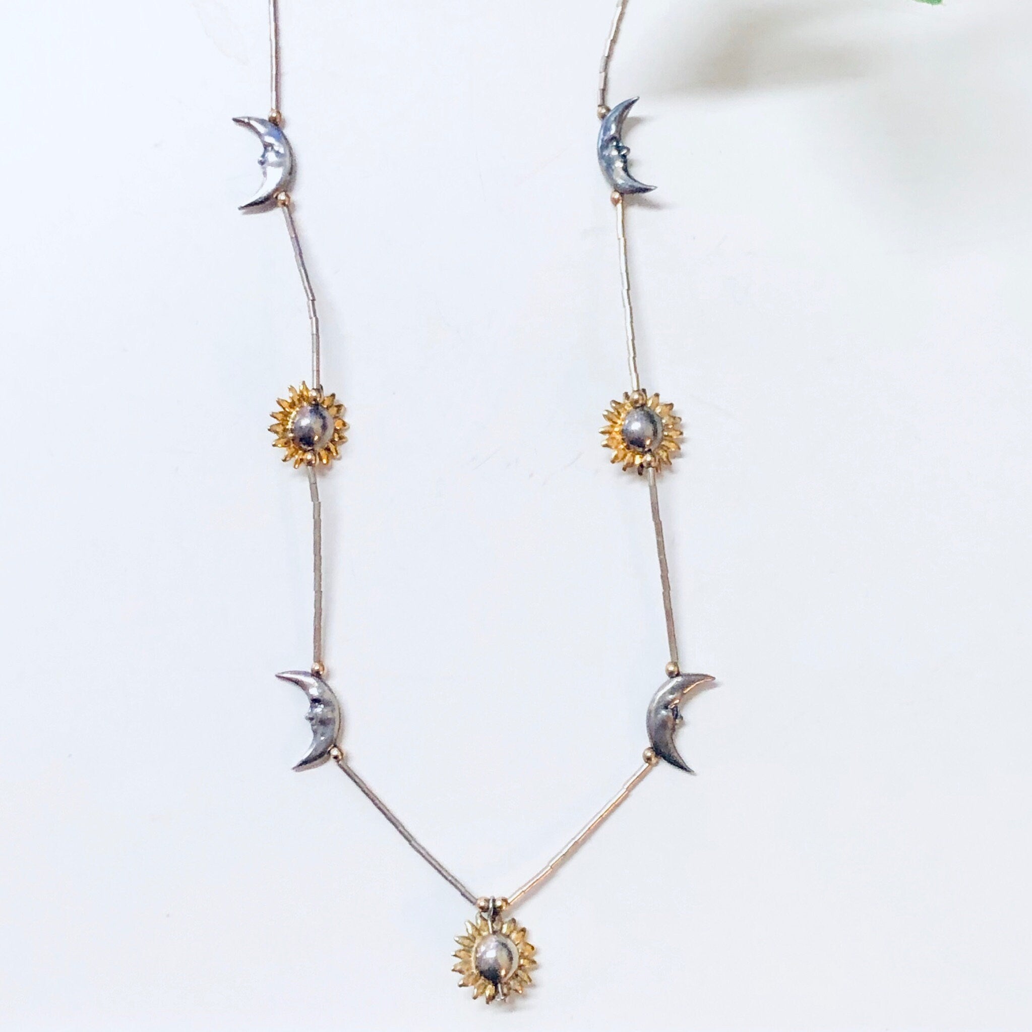 Vintage Silver Necklace, Moon Necklace, Star Necklace, Beaded Necklace, Sun Jewelry, Vintage Jewelry, Moon and Sun, Gold Accents, Thin Chain