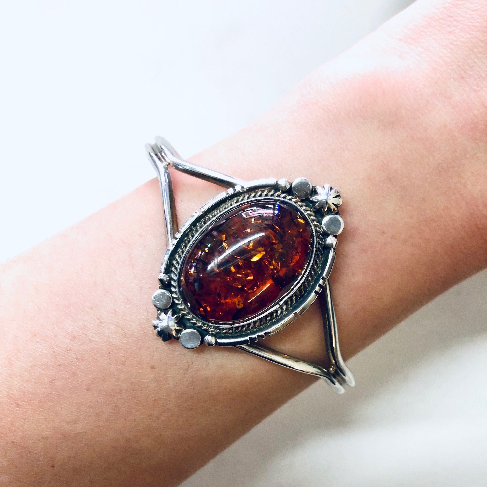 Vintage Amber Bracelet, Silver Bracelet, Vintage Cuff, Vintage Jewelry, Amber Gemstone, Orange Jewelry, Valentines Day Gift, Gift for Wife