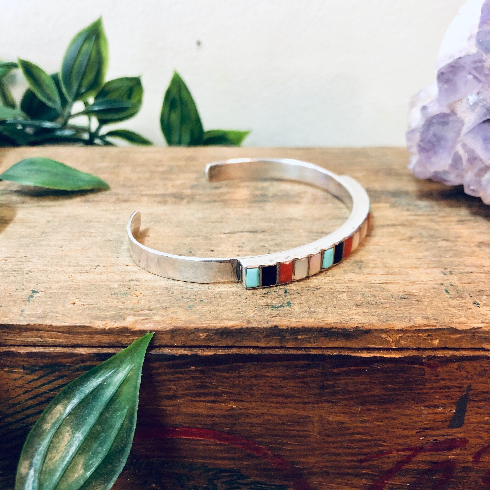 Vintage Silver Cuff, Vintage Bracelet, Silver Bracelet, Valentines Day Gift, Boho Style Jewelry, Turquoise, Onyx, Mother of Pearl, Coral,