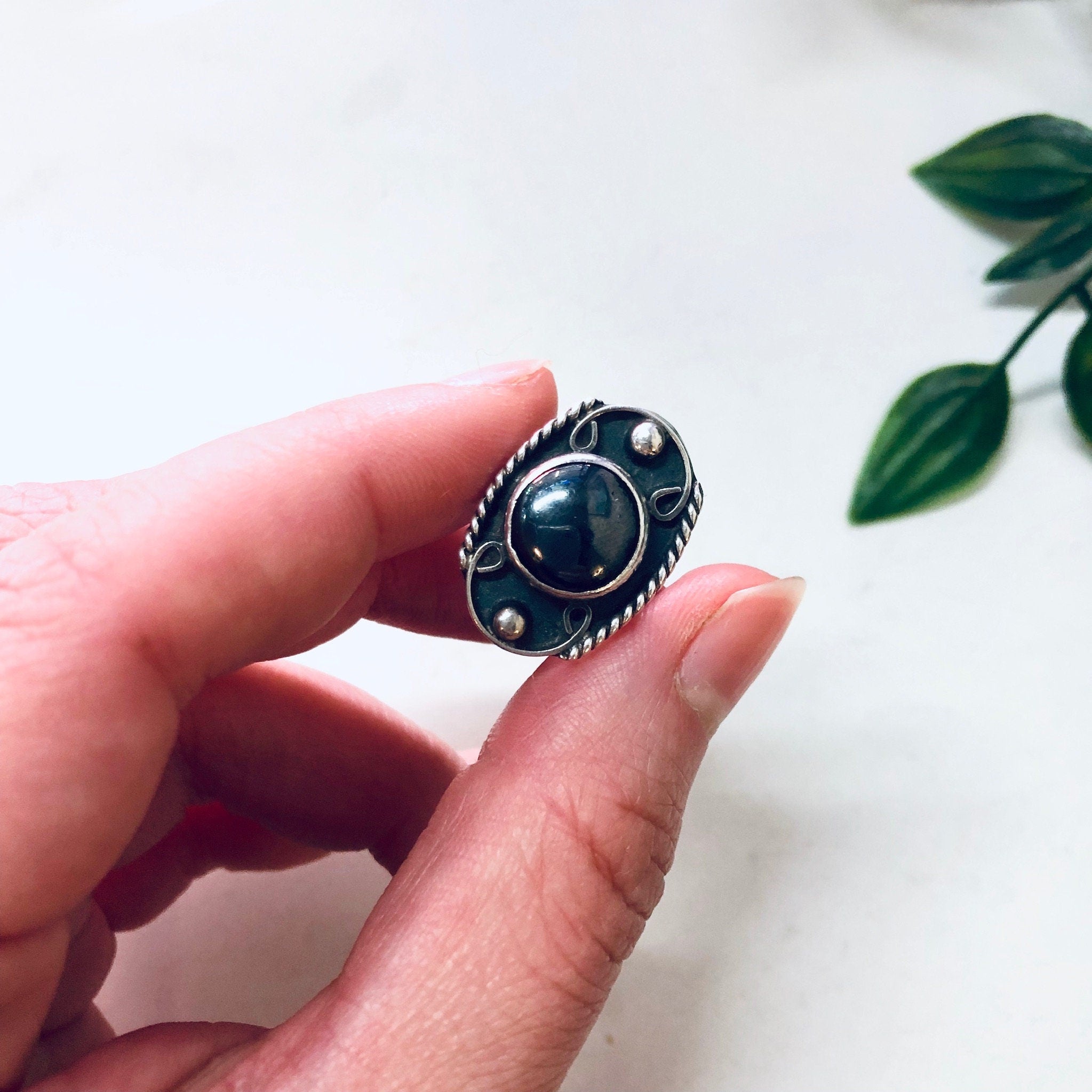 Vintage Hematite Ring, Vintage Silver Ring, Hematite Jewelry, Black and Silver, Valentines Day Gift, Vintage Jewelry, Boho Style, Bohemian