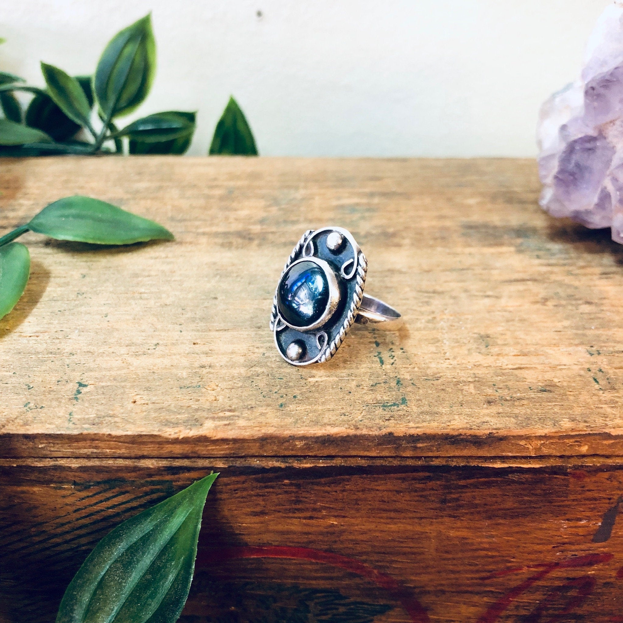Vintage Hematite Ring, Vintage Silver Ring, Hematite Jewelry, Black and Silver, Valentines Day Gift, Vintage Jewelry, Boho Style, Bohemian