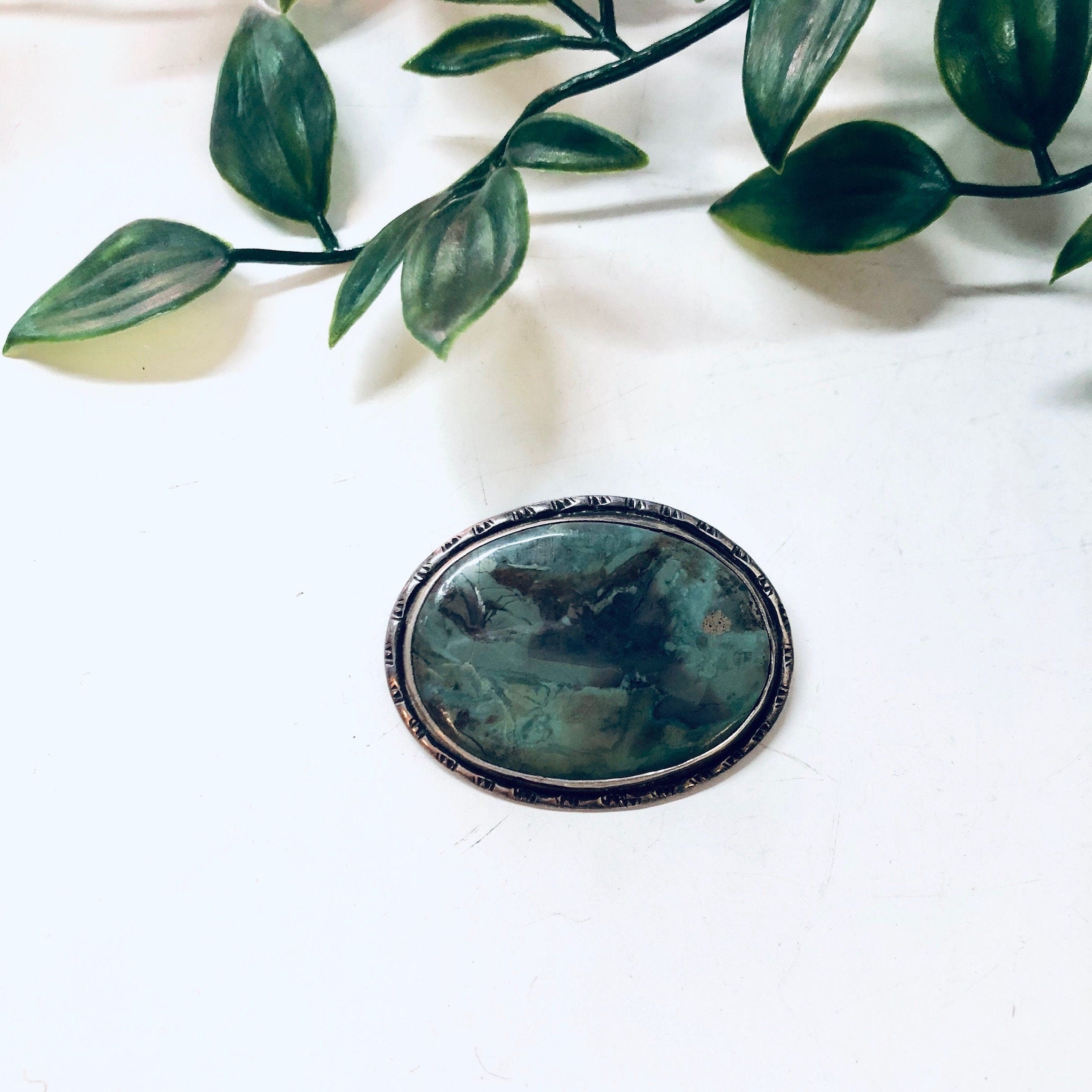 Vintage Brooch, Silver Brooch, Vintage Jewelry, Vintage Pin, Green Stone, Green and Black, Swirl Stone, Valentines Day Gift, Unique Jewelry