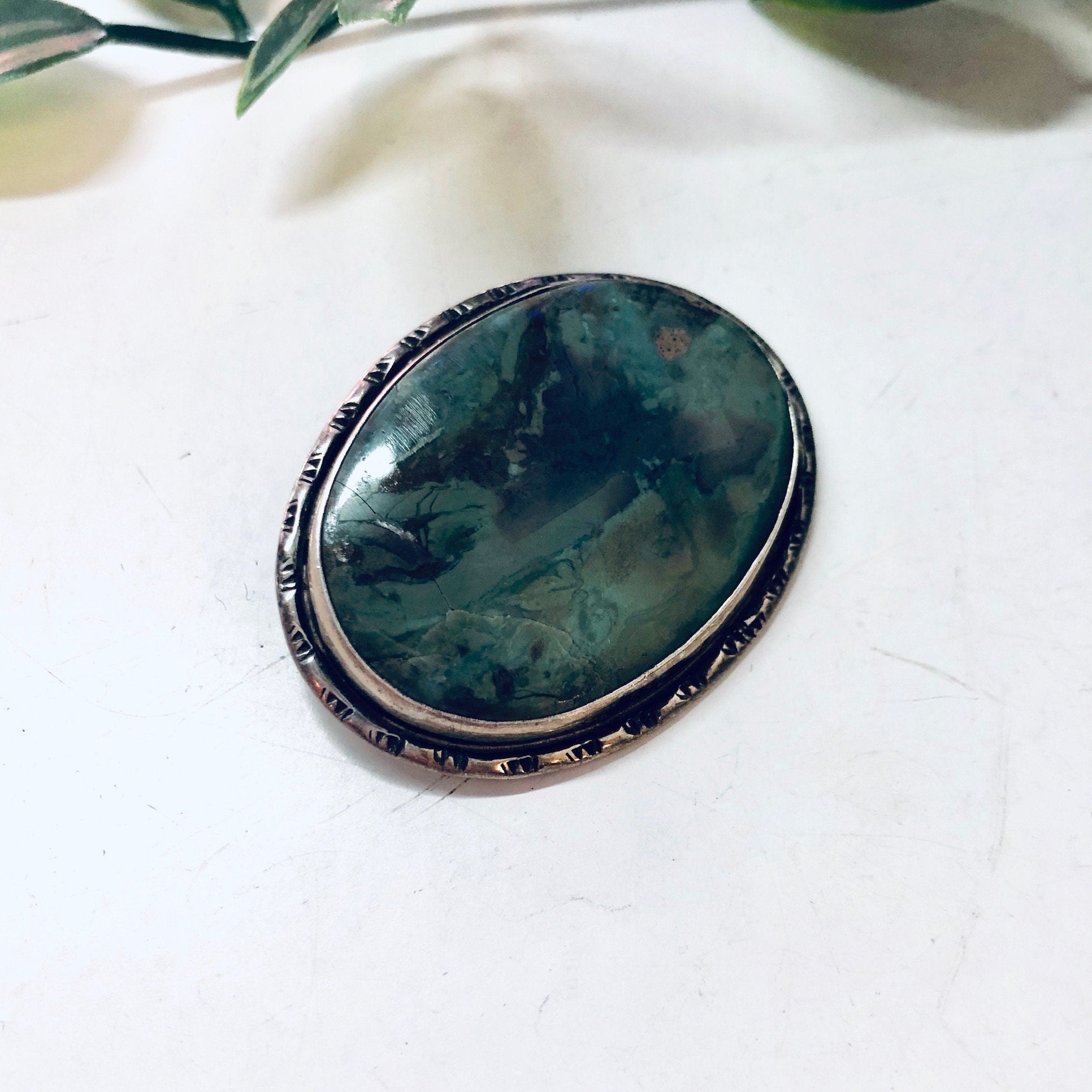 Vintage Brooch, Silver Brooch, Vintage Jewelry, Vintage Pin, Green Stone, Green and Black, Swirl Stone, Valentines Day Gift, Unique Jewelry