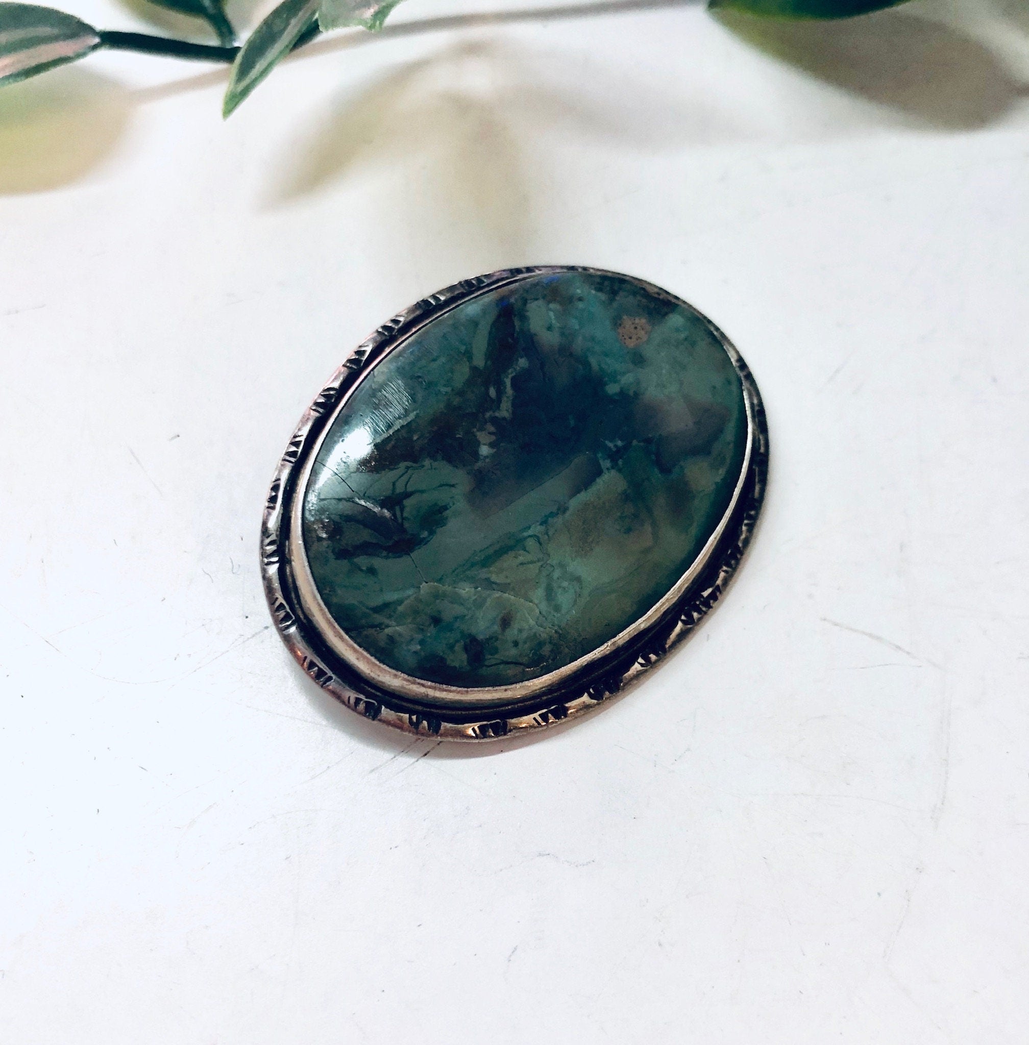 Vintage Brooch, Silver Brooch, Vintage Jewelry, Vintage Pin, Green Stone, Green and Black, Swirl Stone, Valentines Day Gift, Unique Jewelry