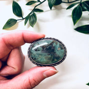Vintage Brooch, Silver Brooch, Vintage Jewelry, Vintage Pin, Green Stone, Green and Black, Swirl Stone, Valentines Day Gift, Unique Jewelry