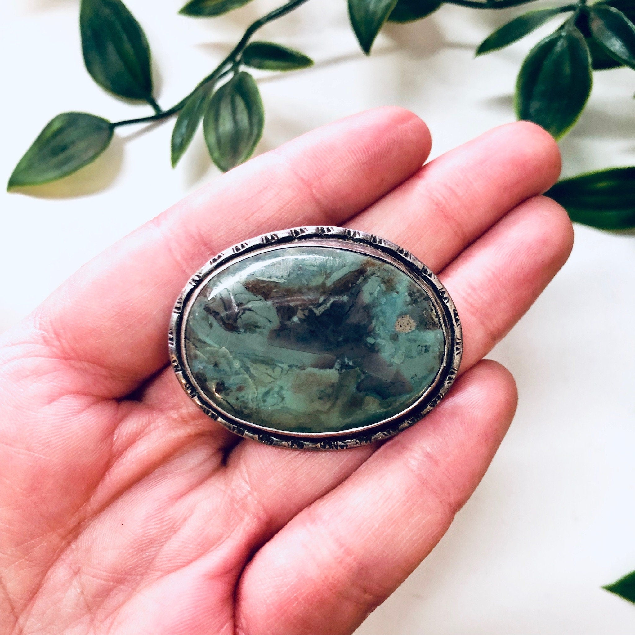 Vintage Brooch, Silver Brooch, Vintage Jewelry, Vintage Pin, Green Stone, Green and Black, Swirl Stone, Valentines Day Gift, Unique Jewelry