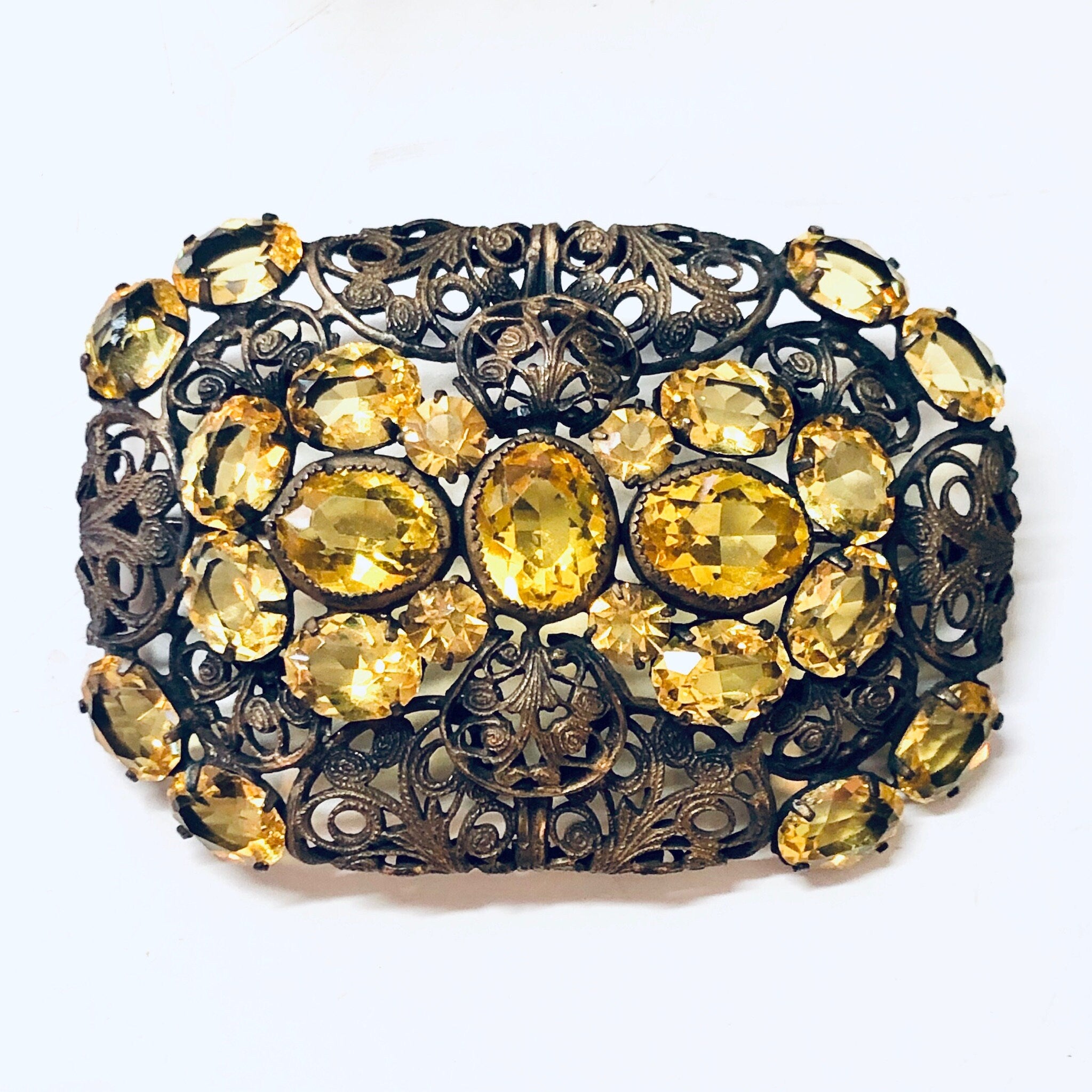 Vintage Brooch, Yellow Gemstone, Vintage Pin, Vintage Jewelry, Filagree Brooch, Statement Jewelry, Unique Jewelry, Rectangle Brooch, Gold