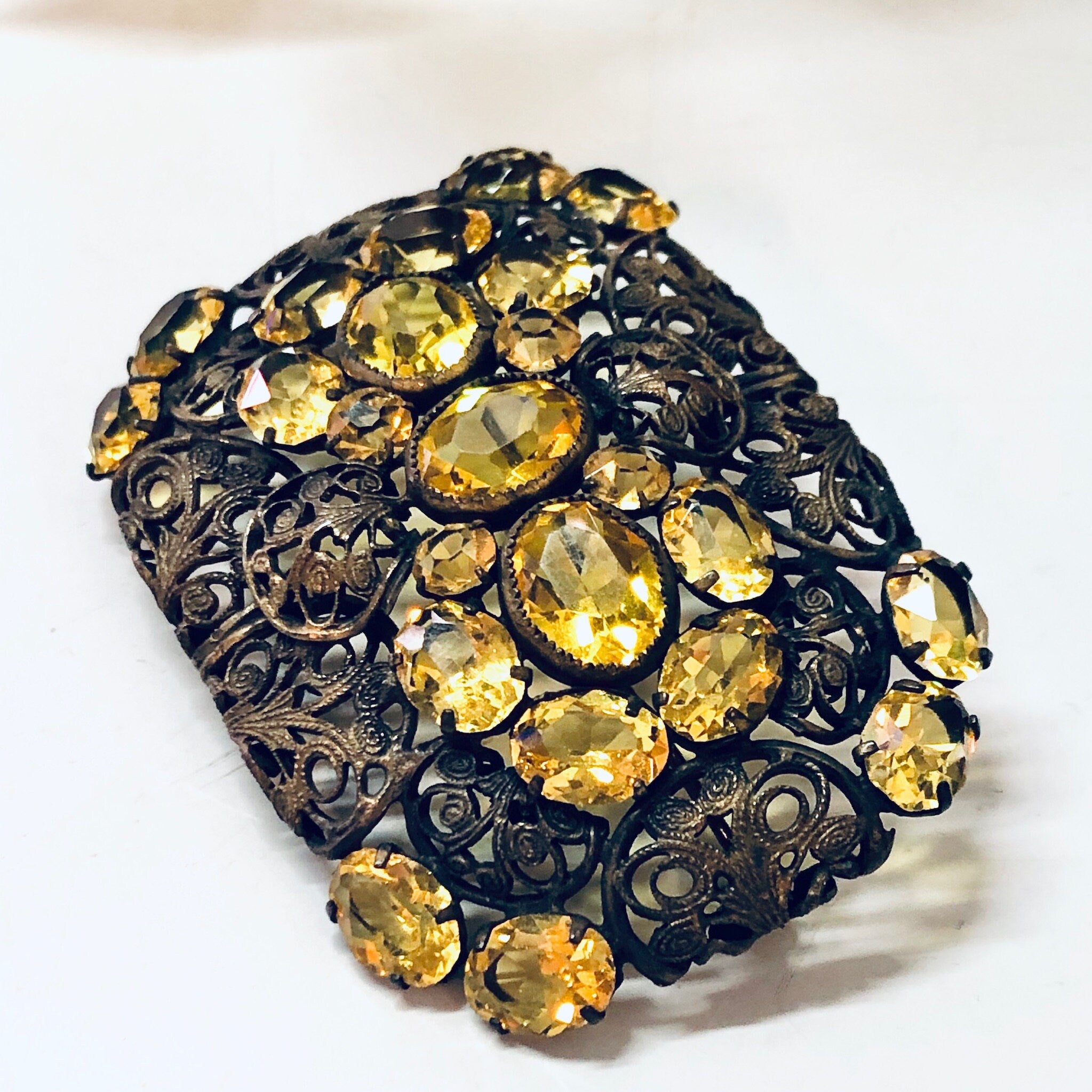 Vintage Brooch, Yellow Gemstone, Vintage Pin, Vintage Jewelry, Filagree Brooch, Statement Jewelry, Unique Jewelry, Rectangle Brooch, Gold