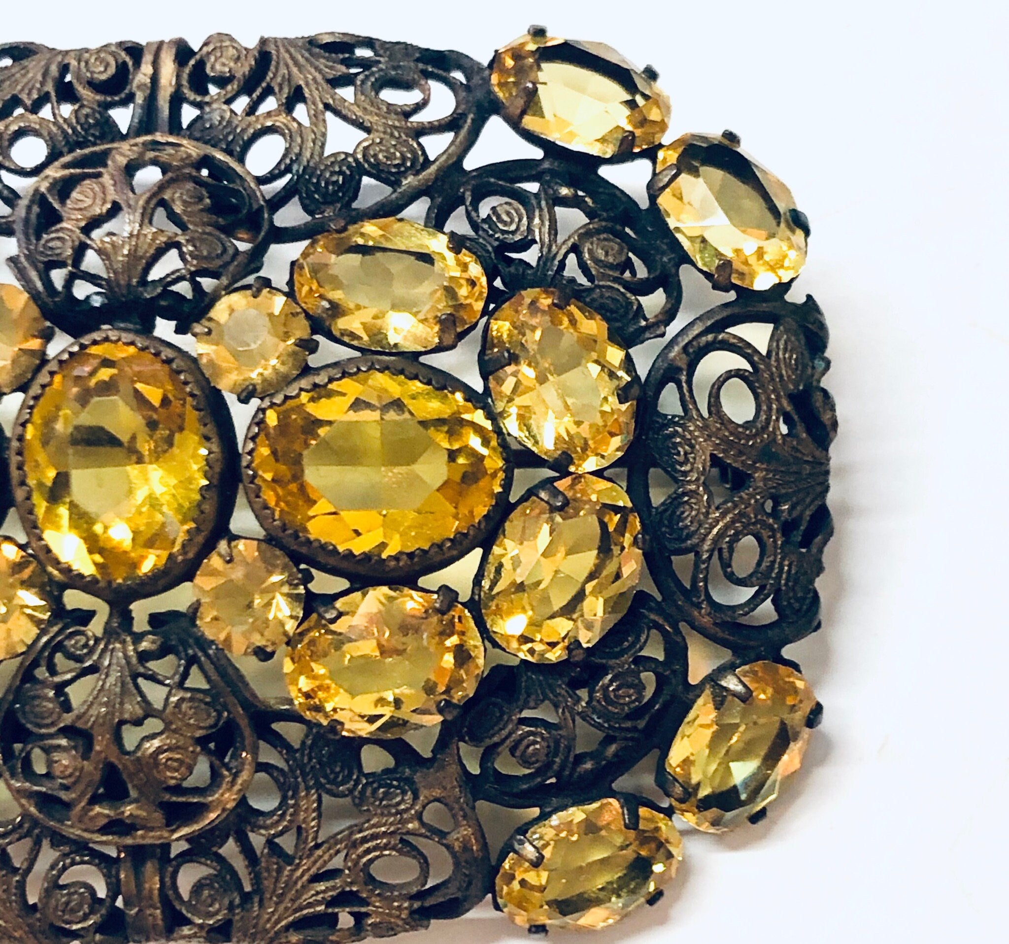 Vintage Brooch, Yellow Gemstone, Vintage Pin, Vintage Jewelry, Filagree Brooch, Statement Jewelry, Unique Jewelry, Rectangle Brooch, Gold