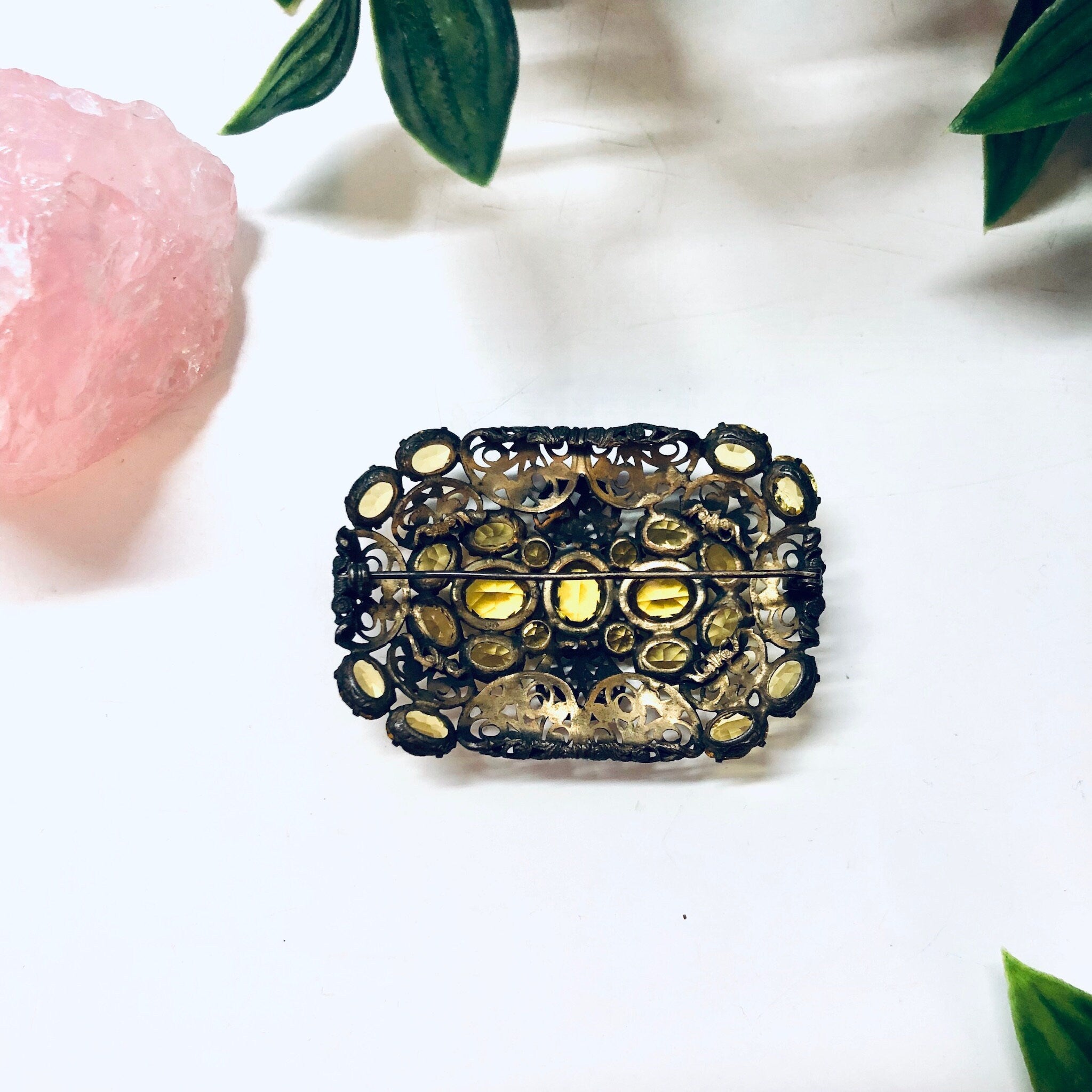 Vintage Brooch, Yellow Gemstone, Vintage Pin, Vintage Jewelry, Filagree Brooch, Statement Jewelry, Unique Jewelry, Rectangle Brooch, Gold