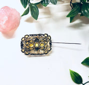 Vintage Brooch, Yellow Gemstone, Vintage Pin, Vintage Jewelry, Filagree Brooch, Statement Jewelry, Unique Jewelry, Rectangle Brooch, Gold