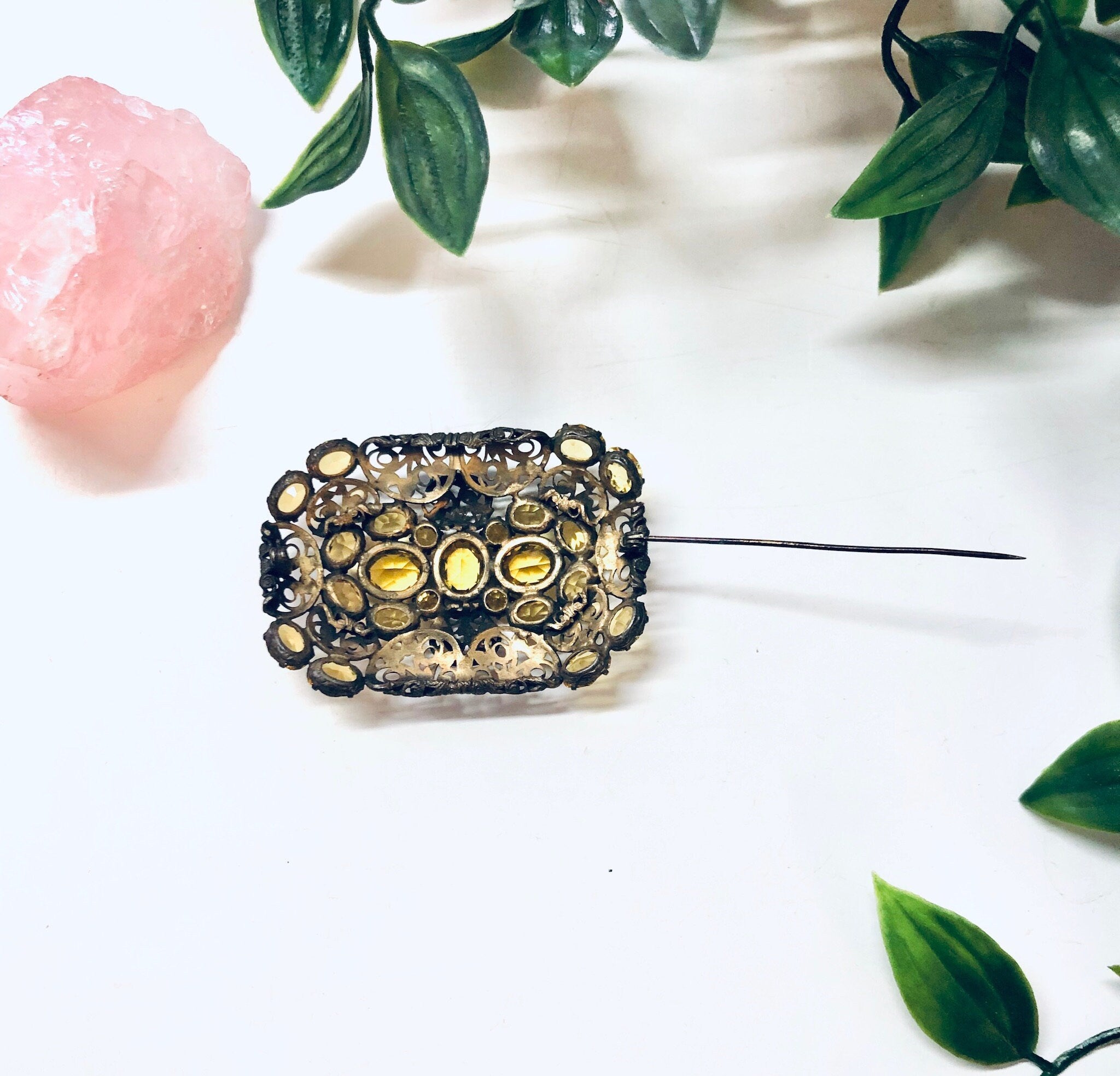 Vintage Brooch, Yellow Gemstone, Vintage Pin, Vintage Jewelry, Filagree Brooch, Statement Jewelry, Unique Jewelry, Rectangle Brooch, Gold