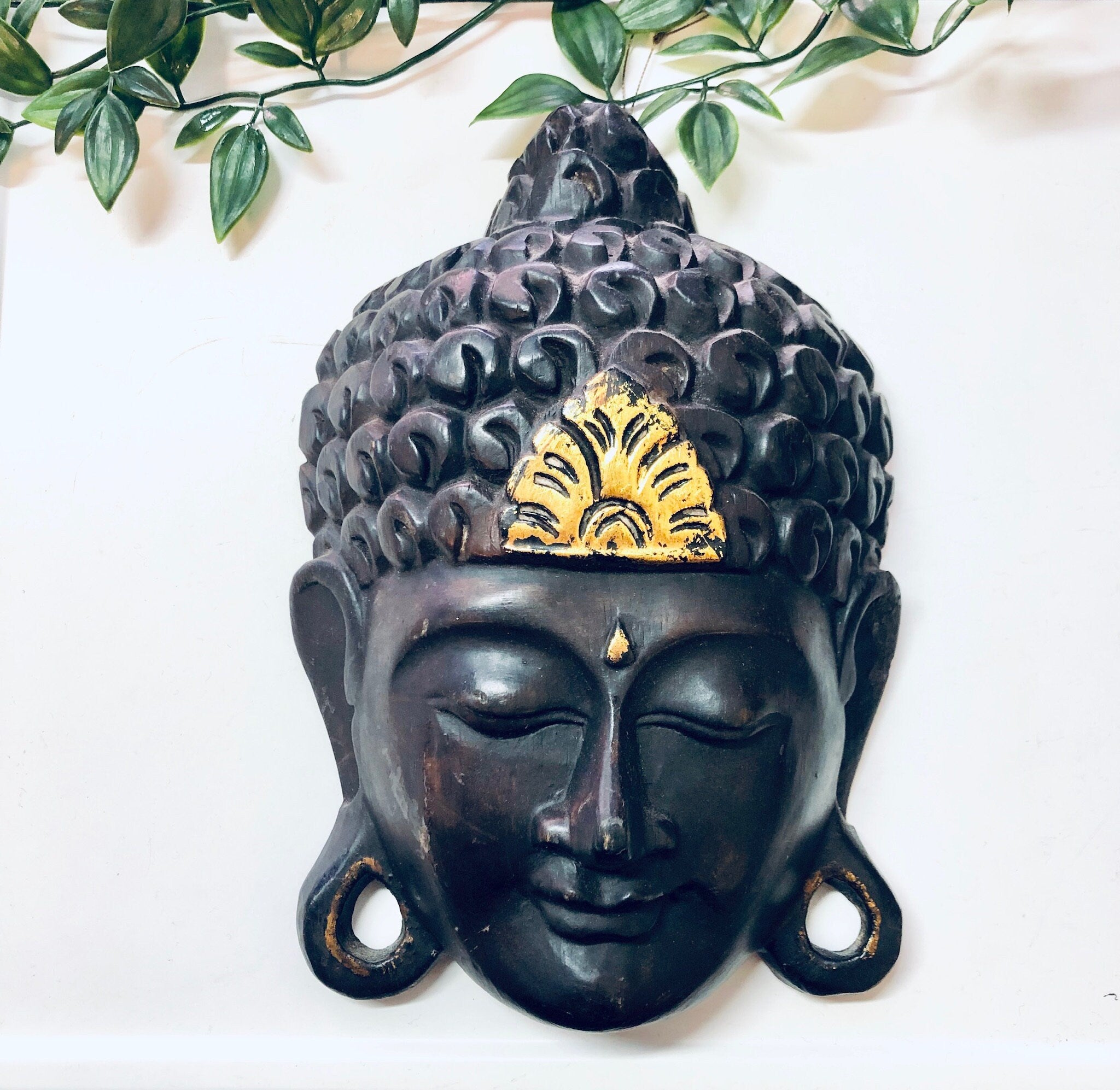 Wood Carved Mask, Vintage Mask, Mask Hanging, Wall Decor, Vintage Wood Carving, Asian Art, Vintage Home Decor, Dark Brown Wood, Gold Accents