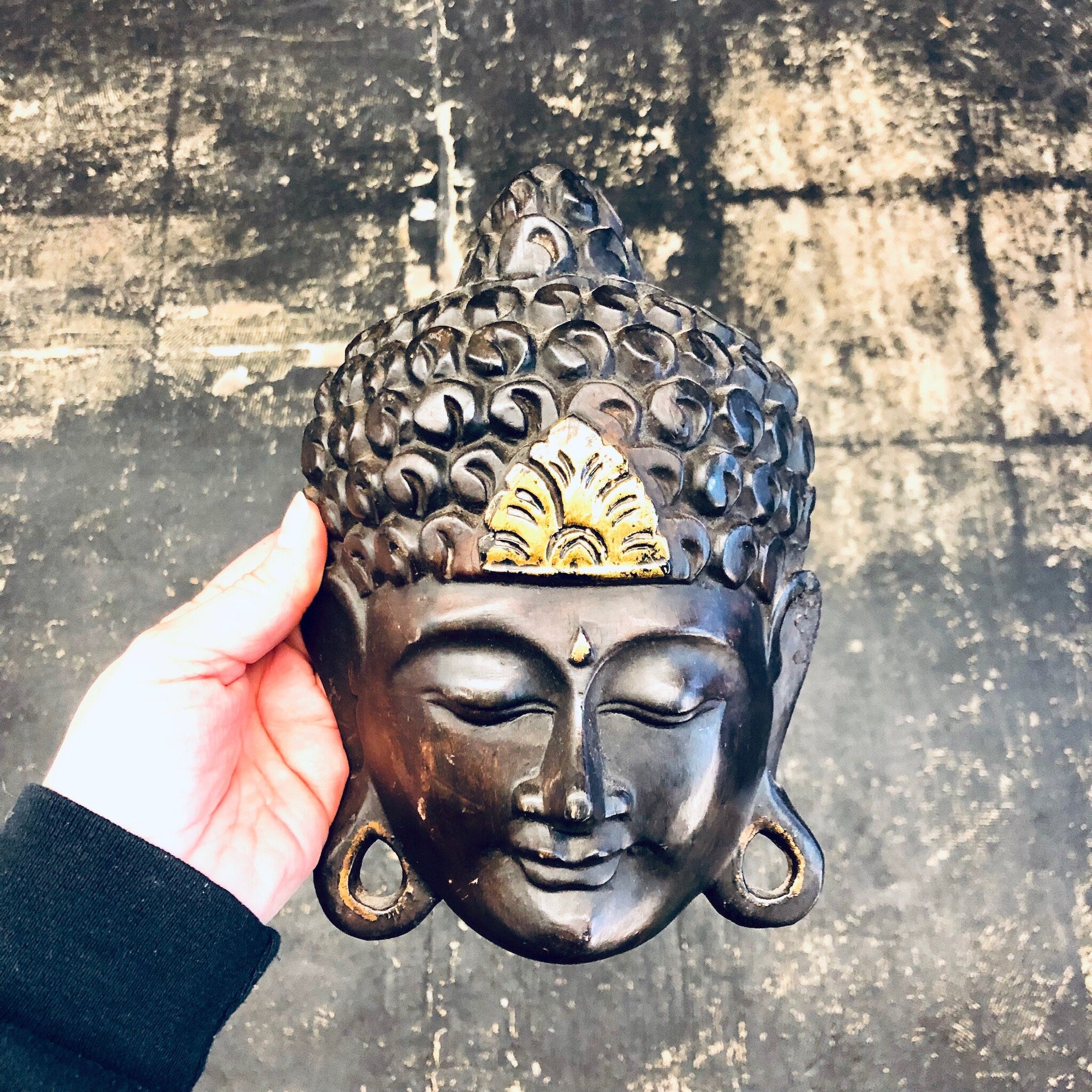 Wood Carved Mask, Vintage Mask, Mask Hanging, Wall Decor, Vintage Wood Carving, Asian Art, Vintage Home Decor, Dark Brown Wood, Gold Accents