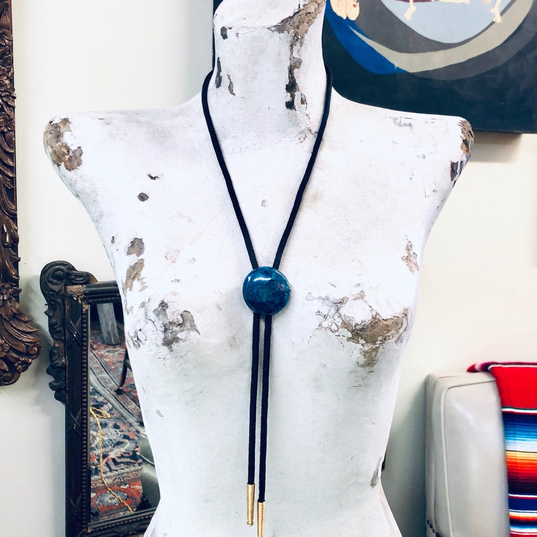 Vintage Bolo Tie, Vintage Jewelry, Bolo Tie, Rope Tie, Blue Stone, Adjustable Tie, Gold Accents, Unique Jewelry, Valentines Day Gift, Blue