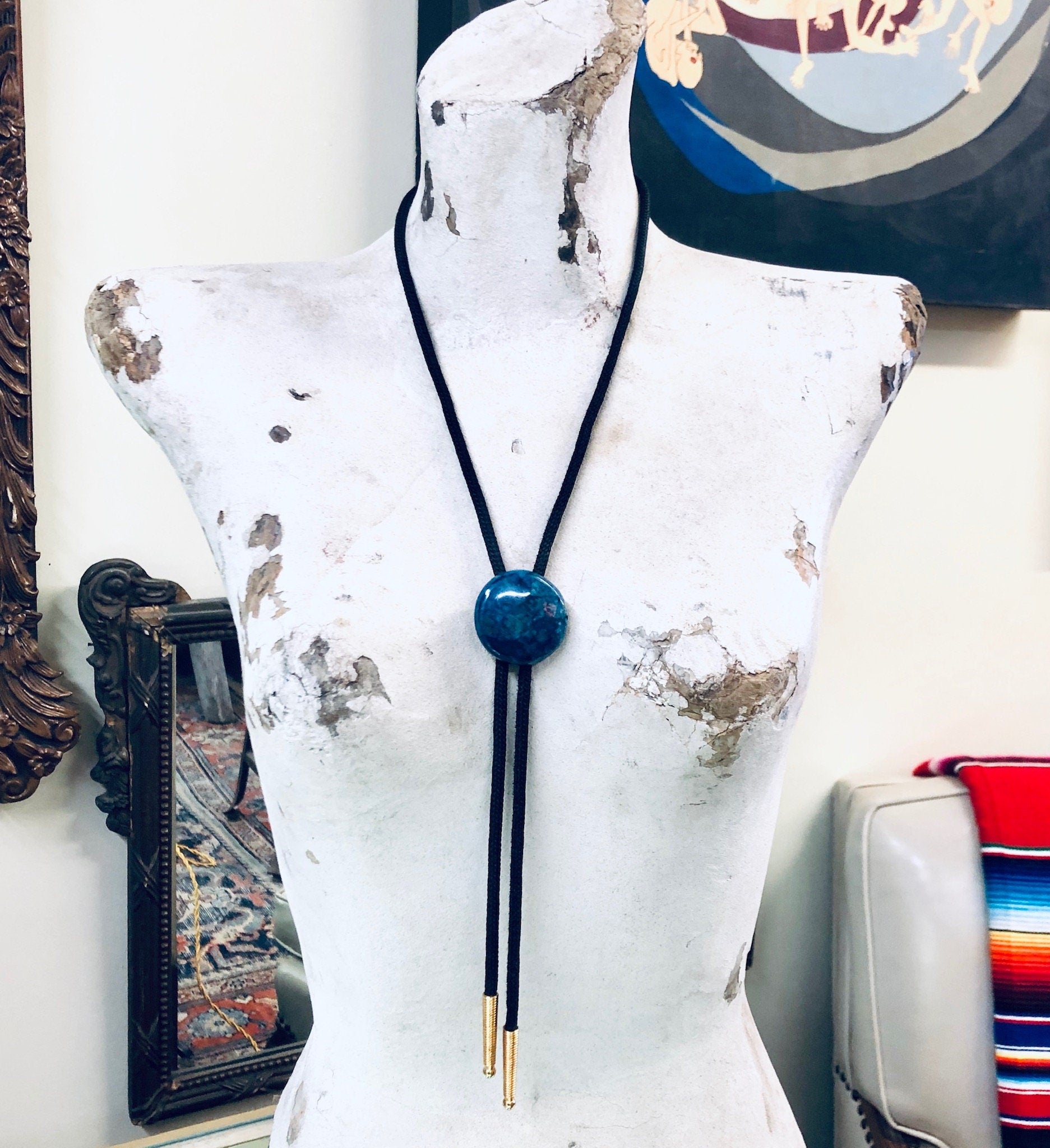 Vintage Bolo Tie, Vintage Jewelry, Bolo Tie, Rope Tie, Blue Stone, Adjustable Tie, Gold Accents, Unique Jewelry, Valentines Day Gift, Blue