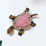 Vintage Turtle Pin, Vintage Brooch, Gold Toned Pin, Pink Gemstone Shell, Rhinestone Jewelry, Vintage Jewelry, Animal Jewelry, Turtle Pin,