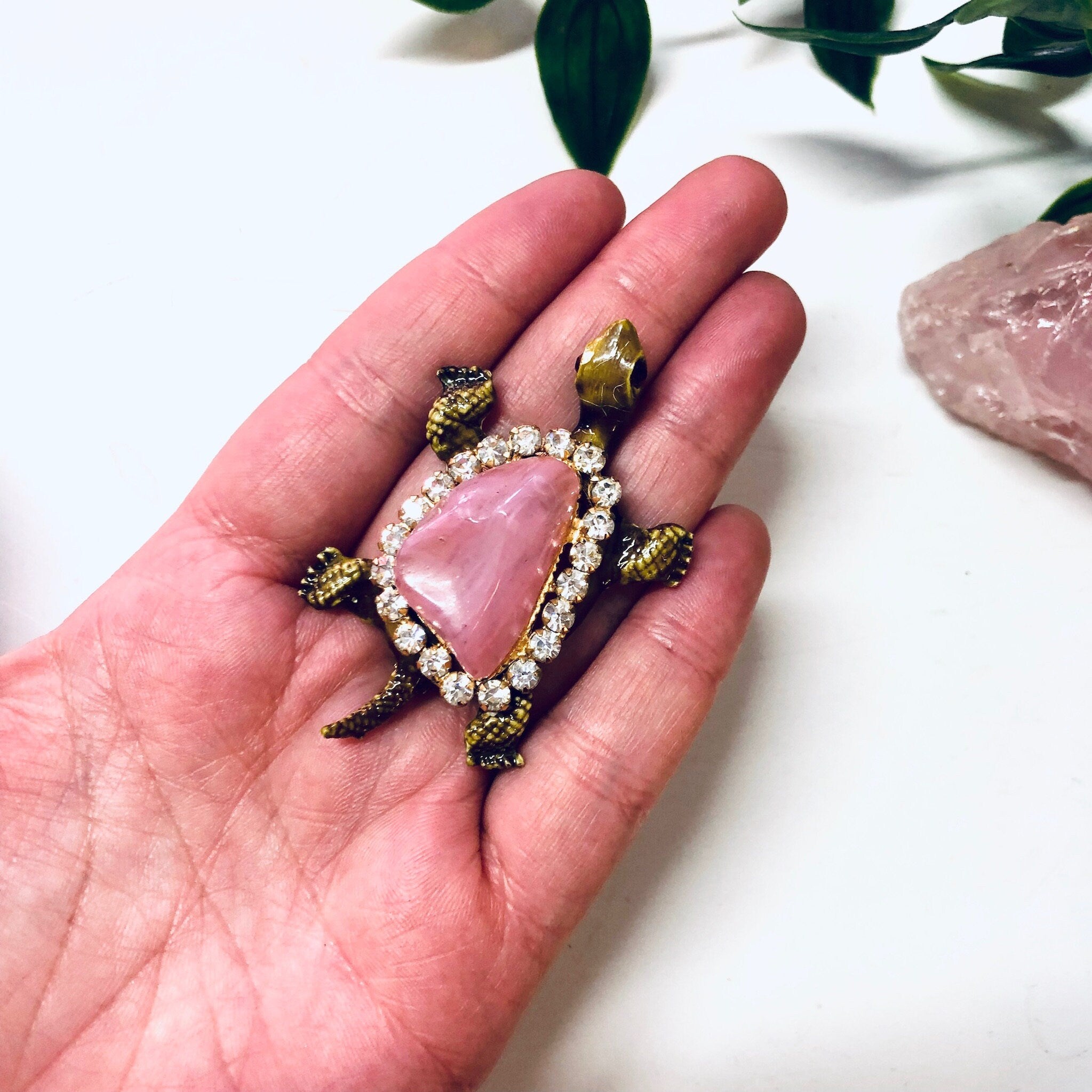 Vintage Turtle Pin, Vintage Brooch, Gold Toned Pin, Pink Gemstone Shell, Rhinestone Jewelry, Vintage Jewelry, Animal Jewelry, Turtle Pin,