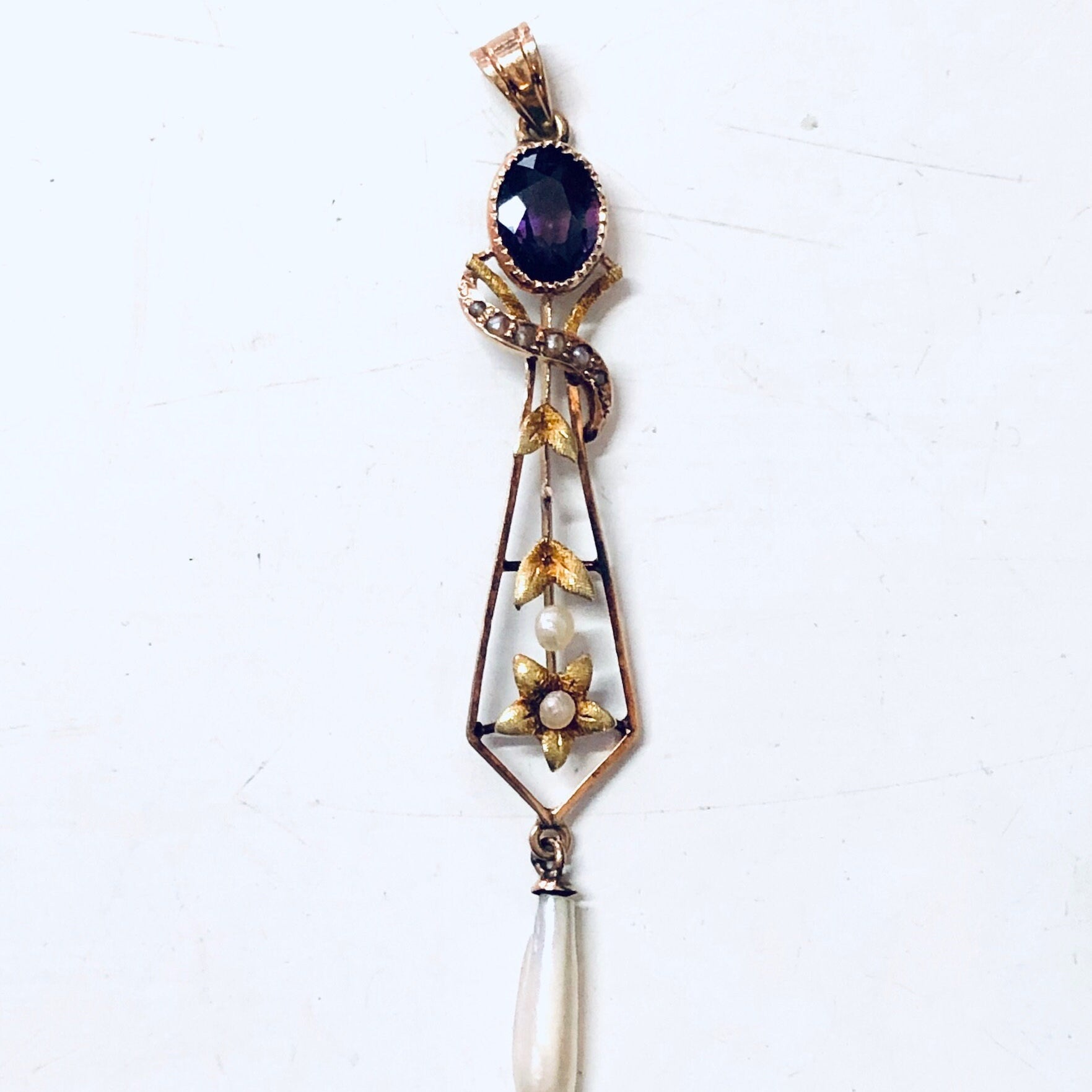 Vintage Gold Pendant, 14 Karat Yellow Gold, 14K Gold, Yellow Gold Pendant, Amethyst Stone, Pearl Jewelry, Floral Jewelry, Vintage Necklace