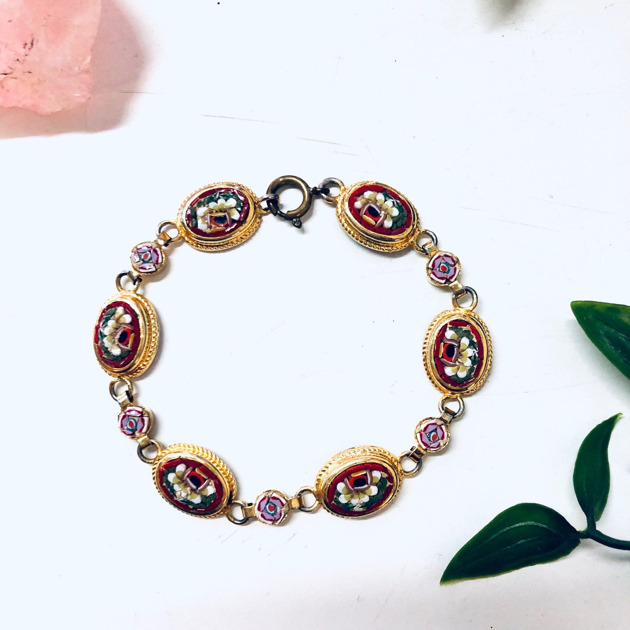 Millefiori Bracelet, Vintage Bracelet, Gold Toned Bracelet, Millefiori Jewelry, Made in Italy, Mosaic Jewelry, Link Bracelet, Floral Design