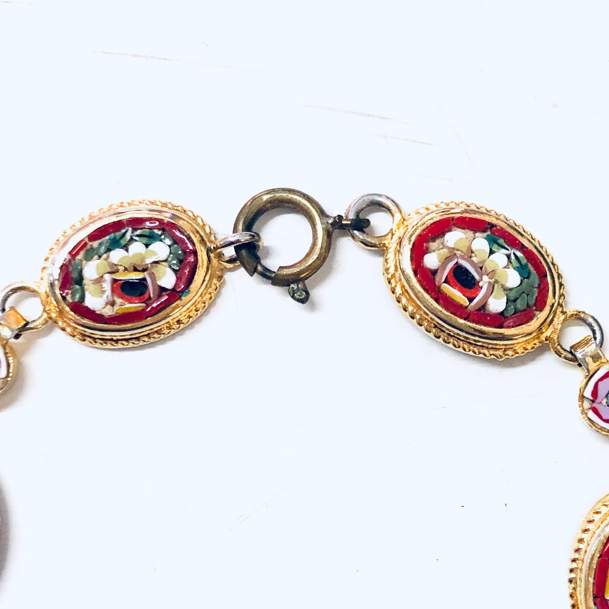 Millefiori Bracelet, Vintage Bracelet, Gold Toned Bracelet, Millefiori Jewelry, Made in Italy, Mosaic Jewelry, Link Bracelet, Floral Design