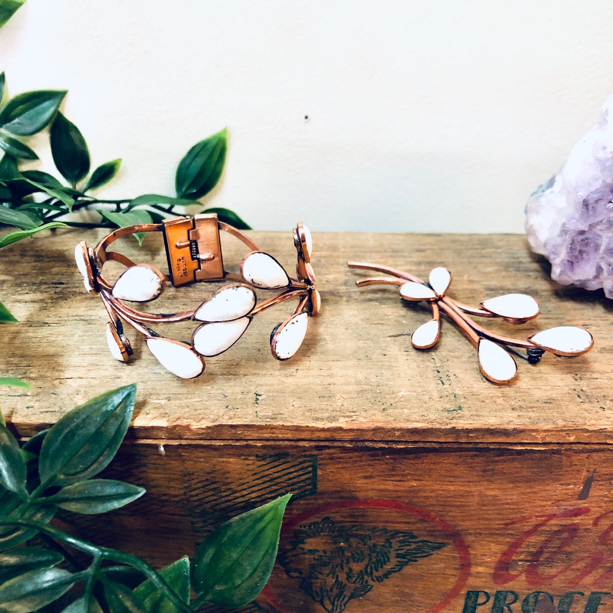 Matisse Copper, Vintage Matisse, Vintage Jewelry Set, Vintage Brooch, Vintage Bracelet, White Enamel, Hinge Cuff, Matisse, Matisse Renoir