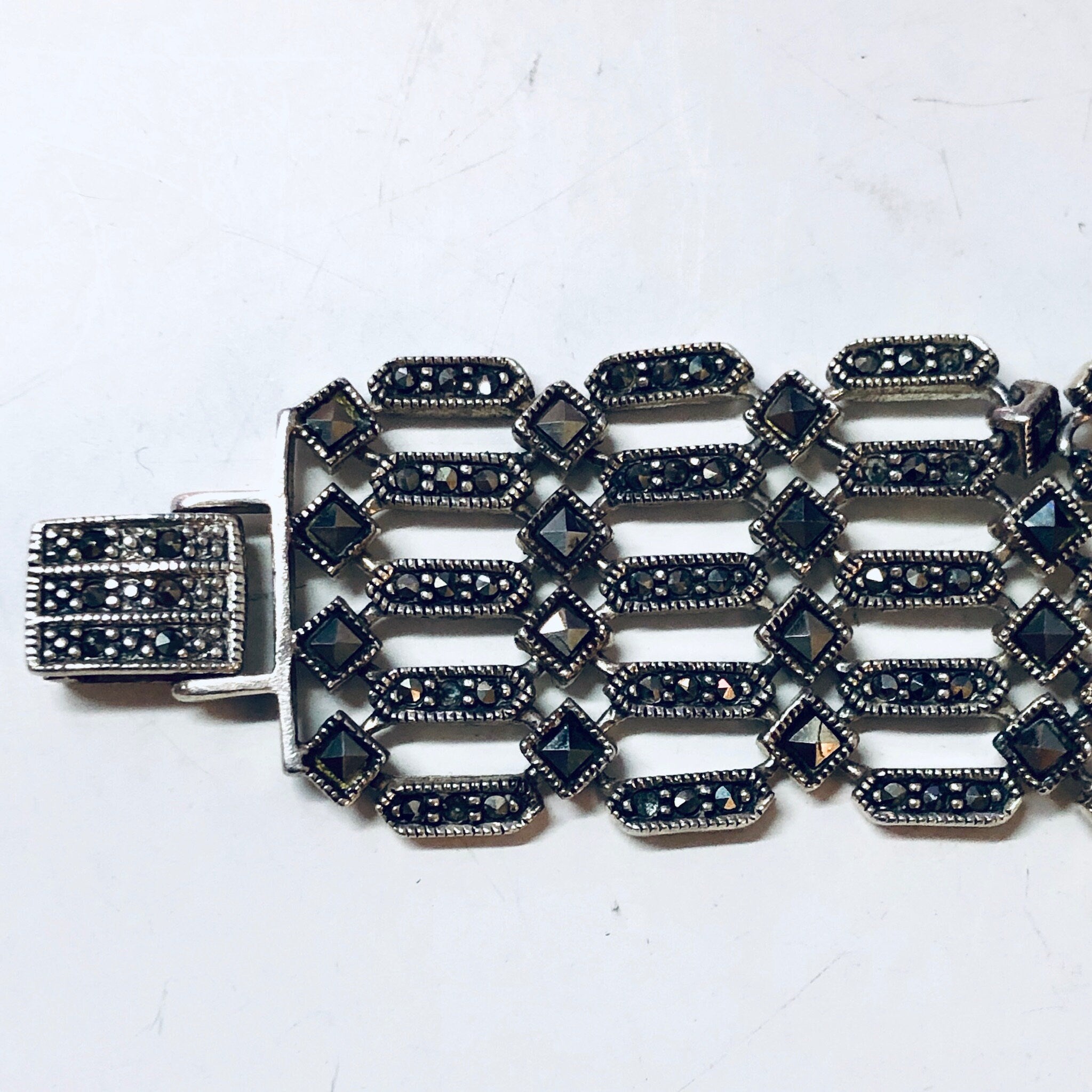 Vintage sterling silver marcasite link bracelet, statement jewelry suitable as a Valentine's Day gift