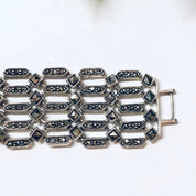 Vintage sterling silver marcasite link bracelet, statement jewelry piece suitable for Valentine's Day gift or special occasion.