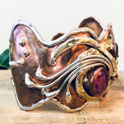 Vintage Bracelet, Cuff Bracelet, Abstract Jewelry, Copper Toned Cuff, Brass Toned Cuff, Pink and Green, Unique Jewelry, Large Bracelet,