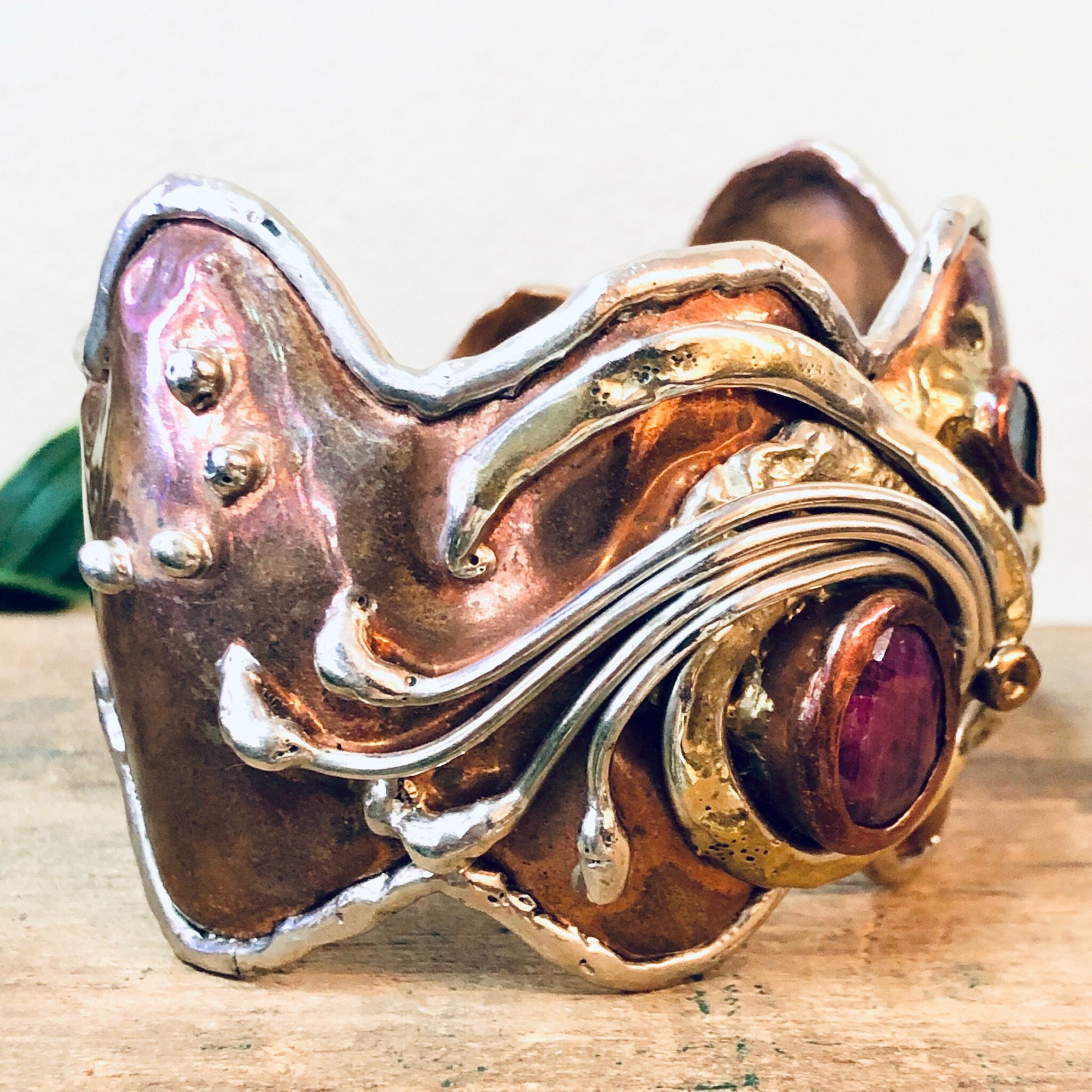 Vintage Bracelet, Cuff Bracelet, Abstract Jewelry, Copper Toned Cuff, Brass Toned Cuff, Pink and Green, Unique Jewelry, Large Bracelet,