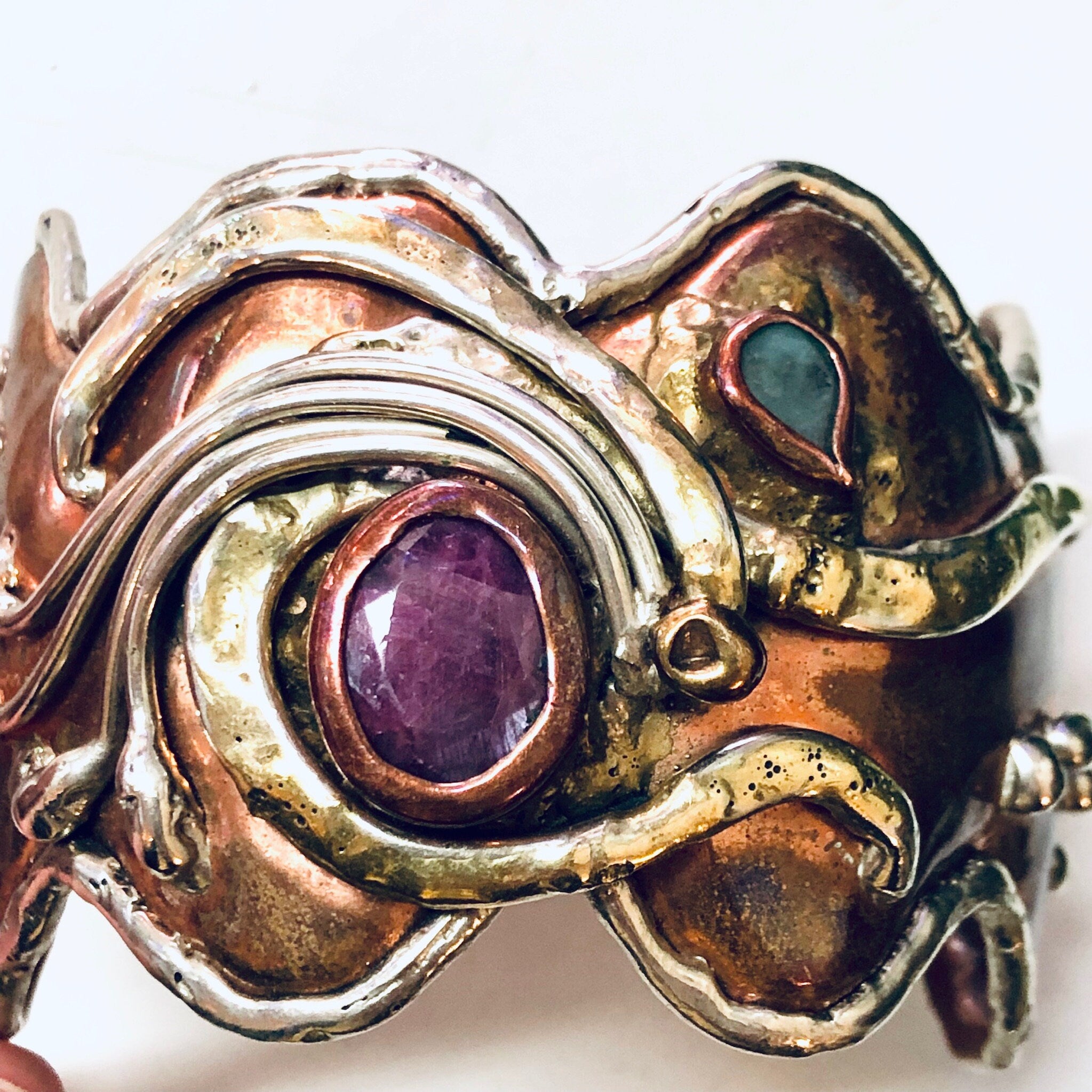 Vintage Bracelet, Cuff Bracelet, Abstract Jewelry, Copper Toned Cuff, Brass Toned Cuff, Pink and Green, Unique Jewelry, Large Bracelet,