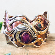 Vintage Bracelet, Cuff Bracelet, Abstract Jewelry, Copper Toned Cuff, Brass Toned Cuff, Pink and Green, Unique Jewelry, Large Bracelet,