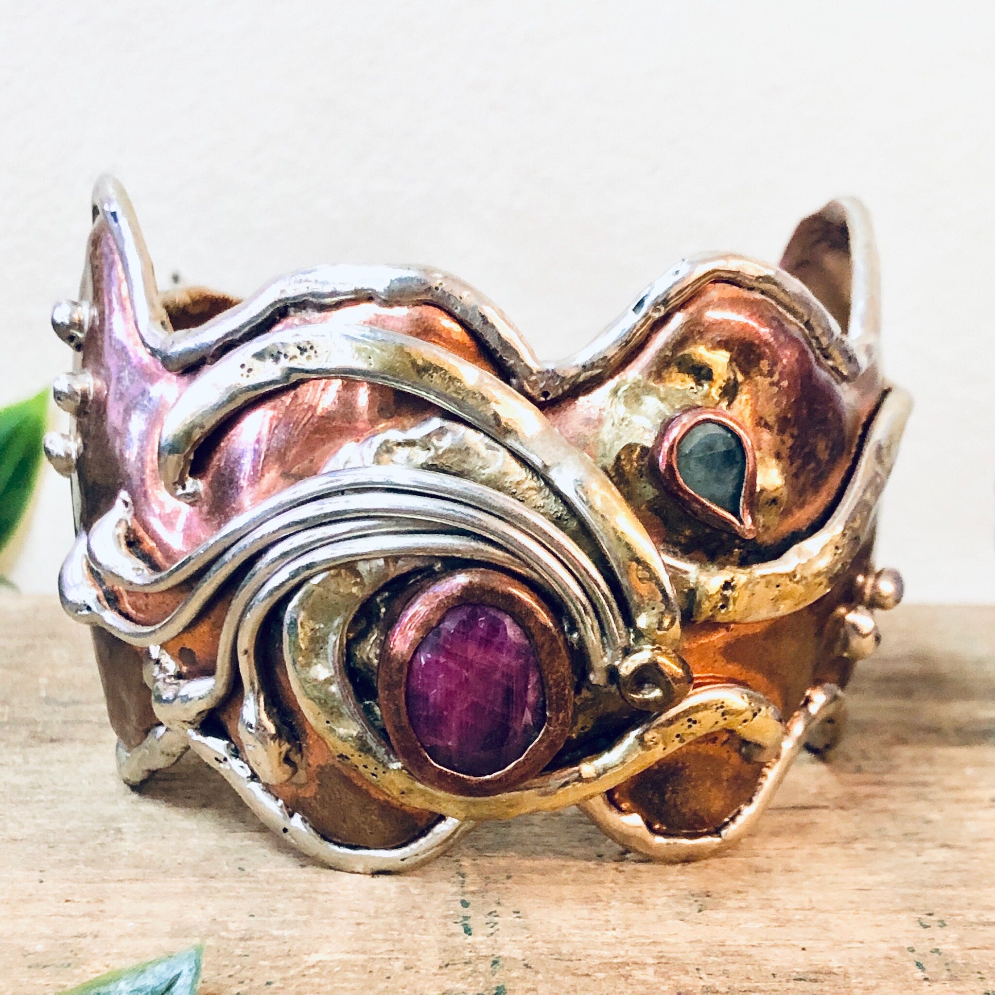 Vintage Bracelet, Cuff Bracelet, Abstract Jewelry, Copper Toned Cuff, Brass Toned Cuff, Pink and Green, Unique Jewelry, Large Bracelet,