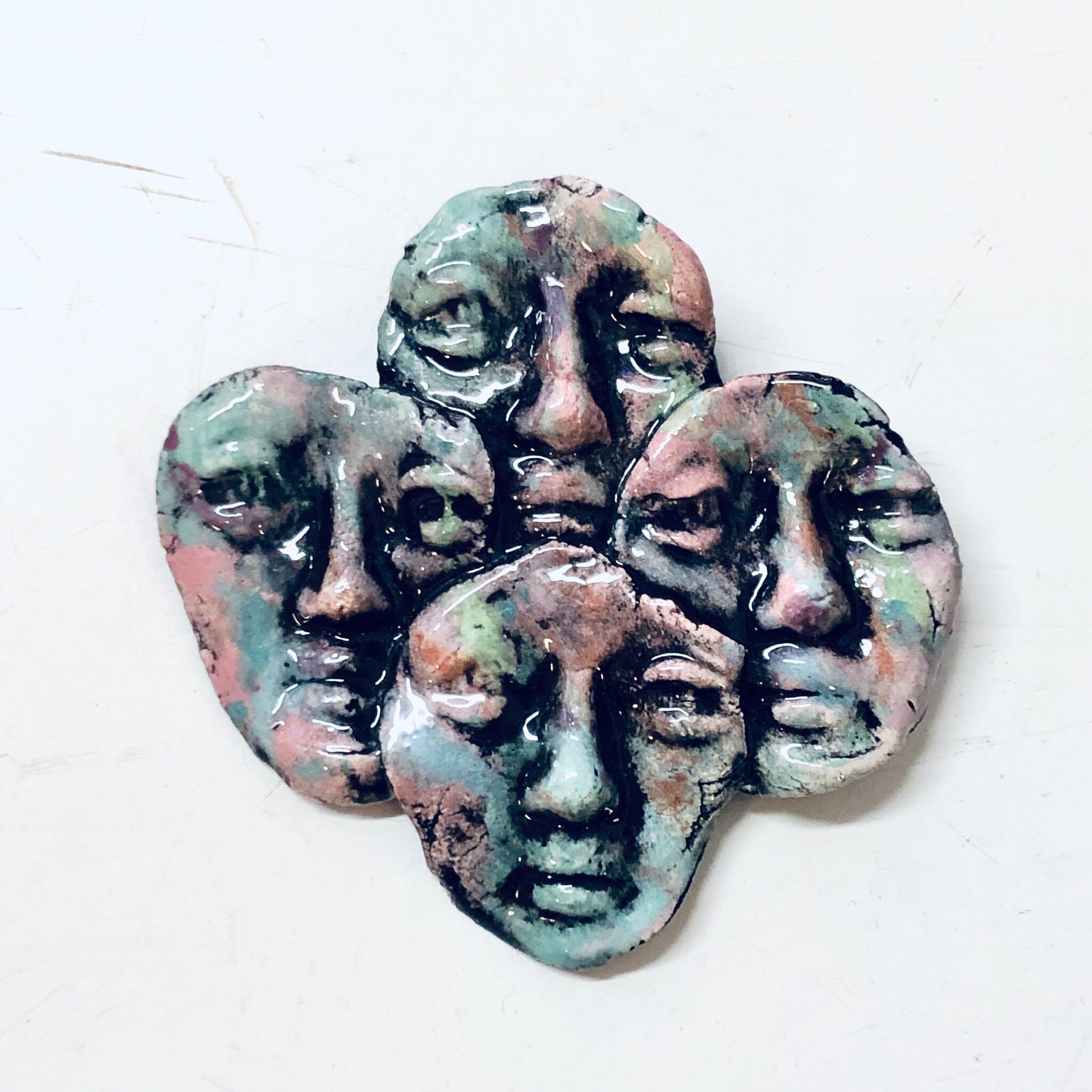 Vintage Brooch, Face Pin, Mask Brooch, Vintage Jewelry, Vintage Pin, Green Brooch, Pink Brooch, Signed Jewelry, Ritter Brooch, Unique Pin