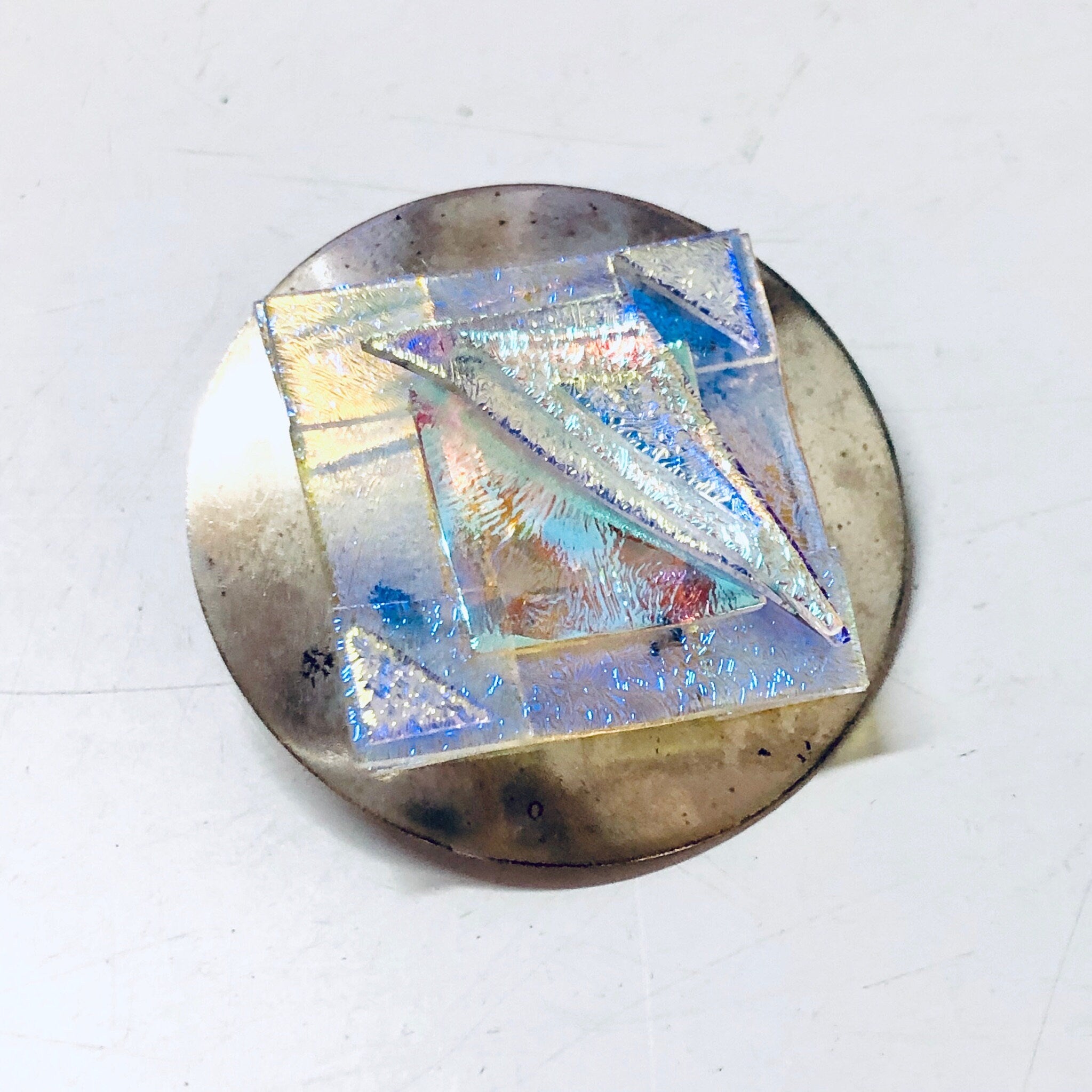Vintage Brooch, Costume Jewelry, Iridescent Brooch, Silver and White, 80s jewelry, 1980s Fashion, Round Brooch, Vintage Pendant, Necklace