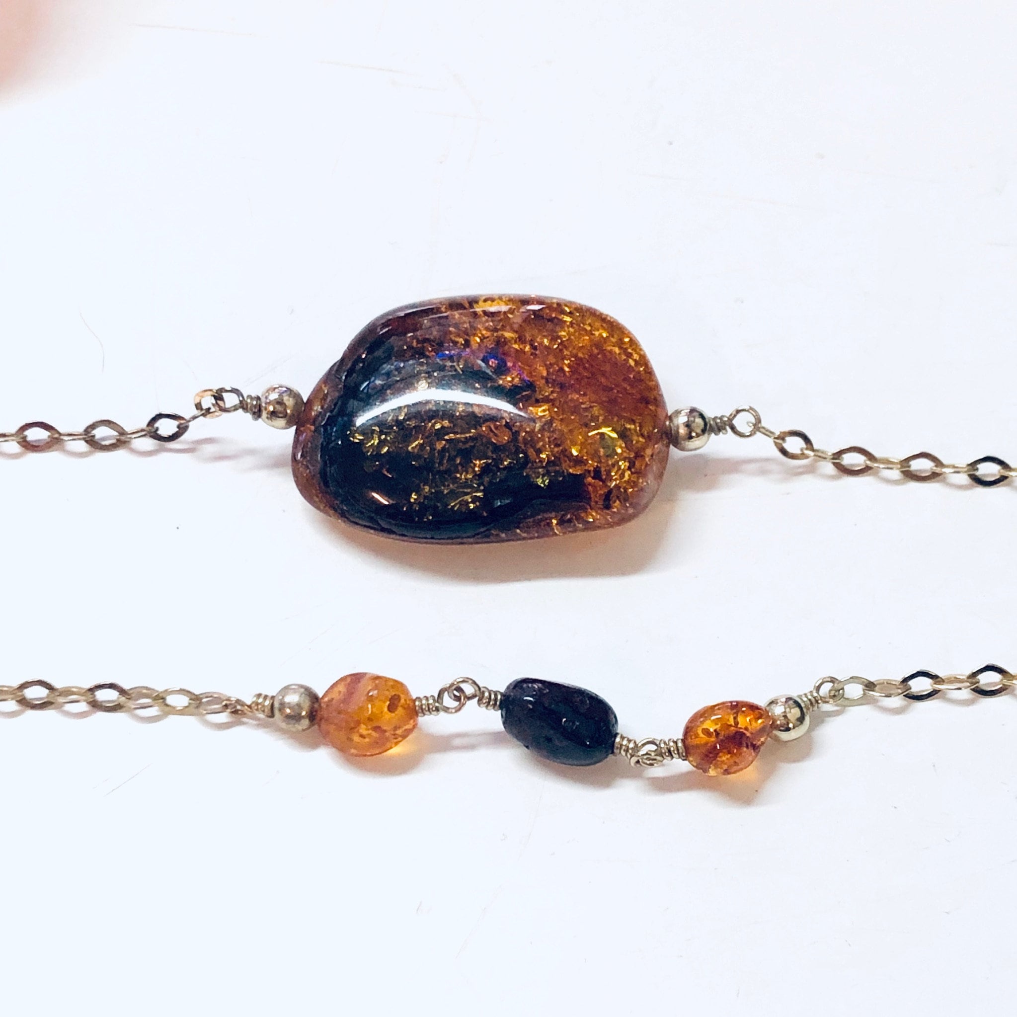 Vintage Necklace, Long Necklace, Amber Jewelry, Gold Plated Silver, Silver Chain, Long Chain, Vintage Jewelry, Unique Jewelry, Amber Beads