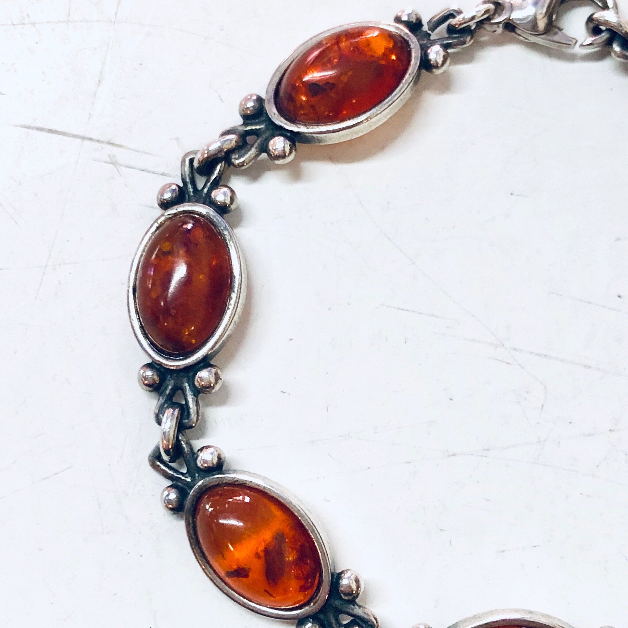 Vintage Amber Bracelet, Silver Bracelet, Vintage Jewelry, Amber Jewelry, Link Bracelet, Statement Jewelry, Valentines Day Gift, Orange Stone