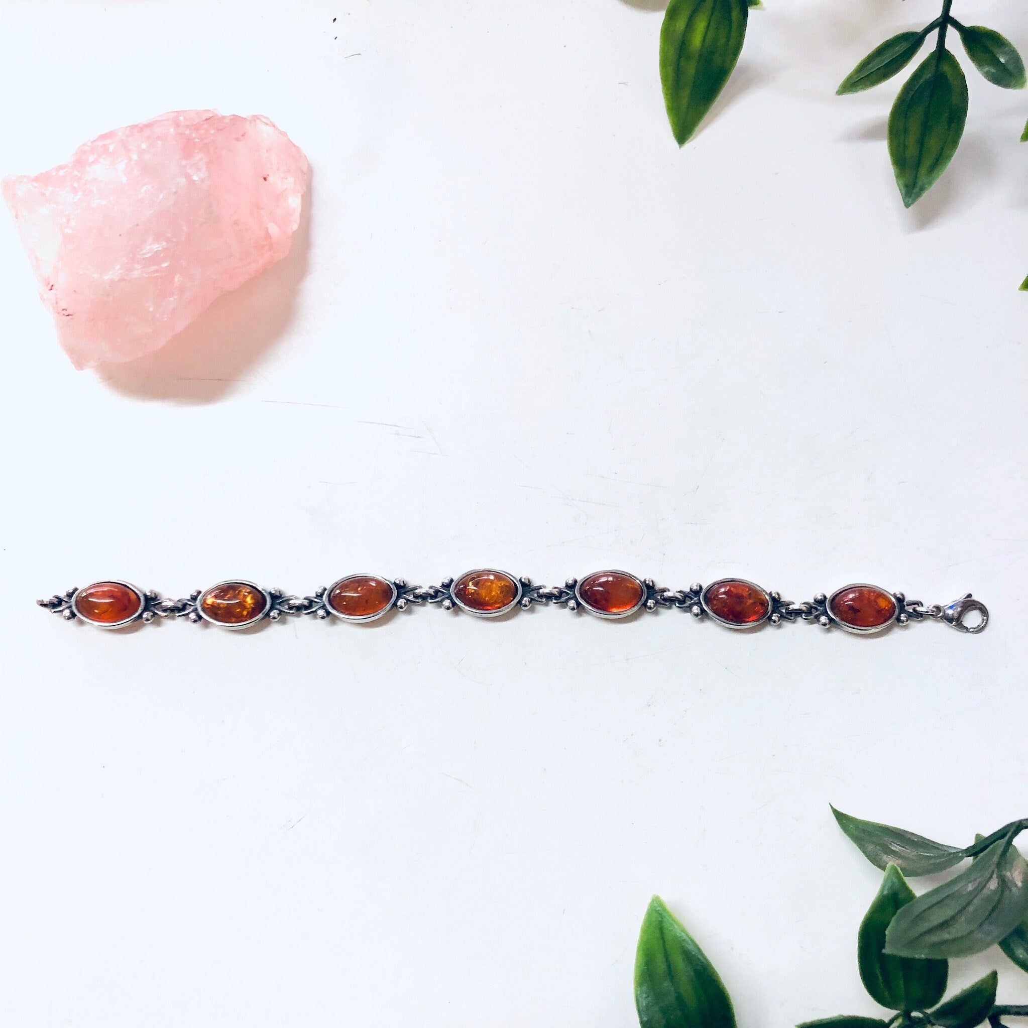 Vintage Amber Bracelet, Silver Bracelet, Vintage Jewelry, Amber Jewelry, Link Bracelet, Statement Jewelry, Valentines Day Gift, Orange Stone