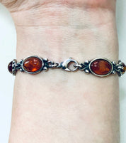 Vintage Amber Bracelet, Silver Bracelet, Vintage Jewelry, Amber Jewelry, Link Bracelet, Statement Jewelry, Valentines Day Gift, Orange Stone