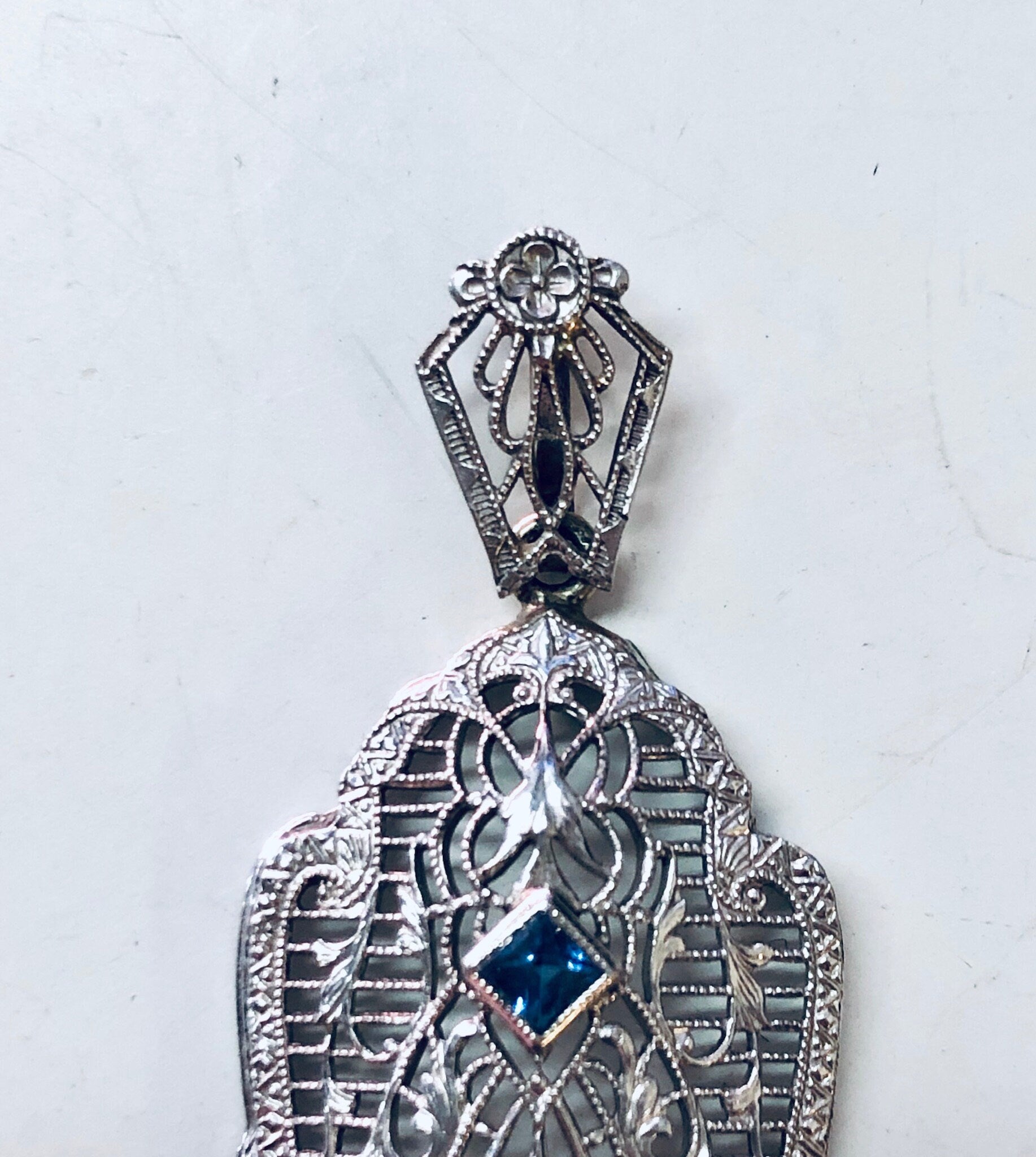 Vintage Gold Pendant, 14K White Gold, 14 Karat Gold, Diamond Pendant, Blue Topaz, Aquamarine Jewelry, Vintage Jewelry, Art Deco Pendant