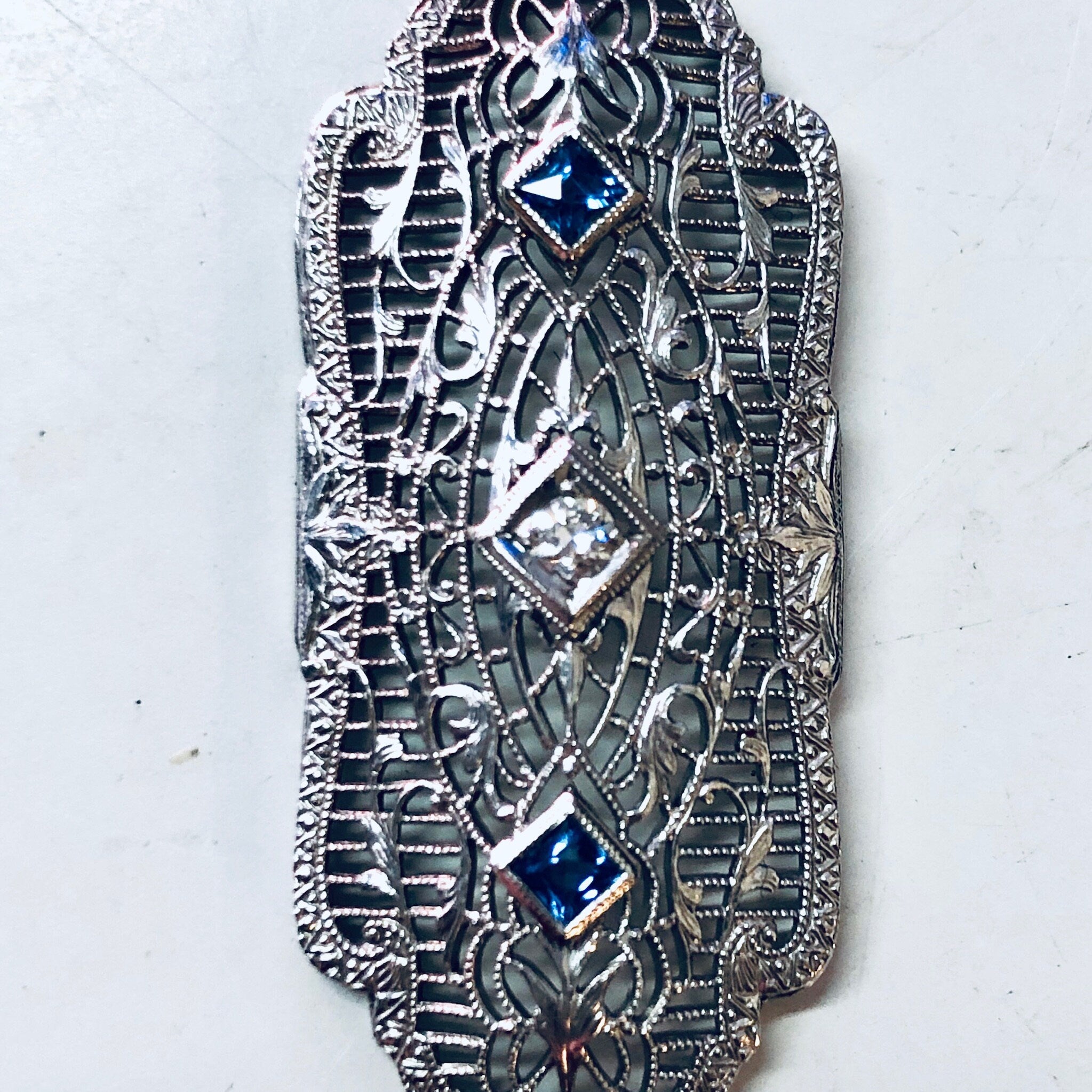Vintage Gold Pendant, 14K White Gold, 14 Karat Gold, Diamond Pendant, Blue Topaz, Aquamarine Jewelry, Vintage Jewelry, Art Deco Pendant