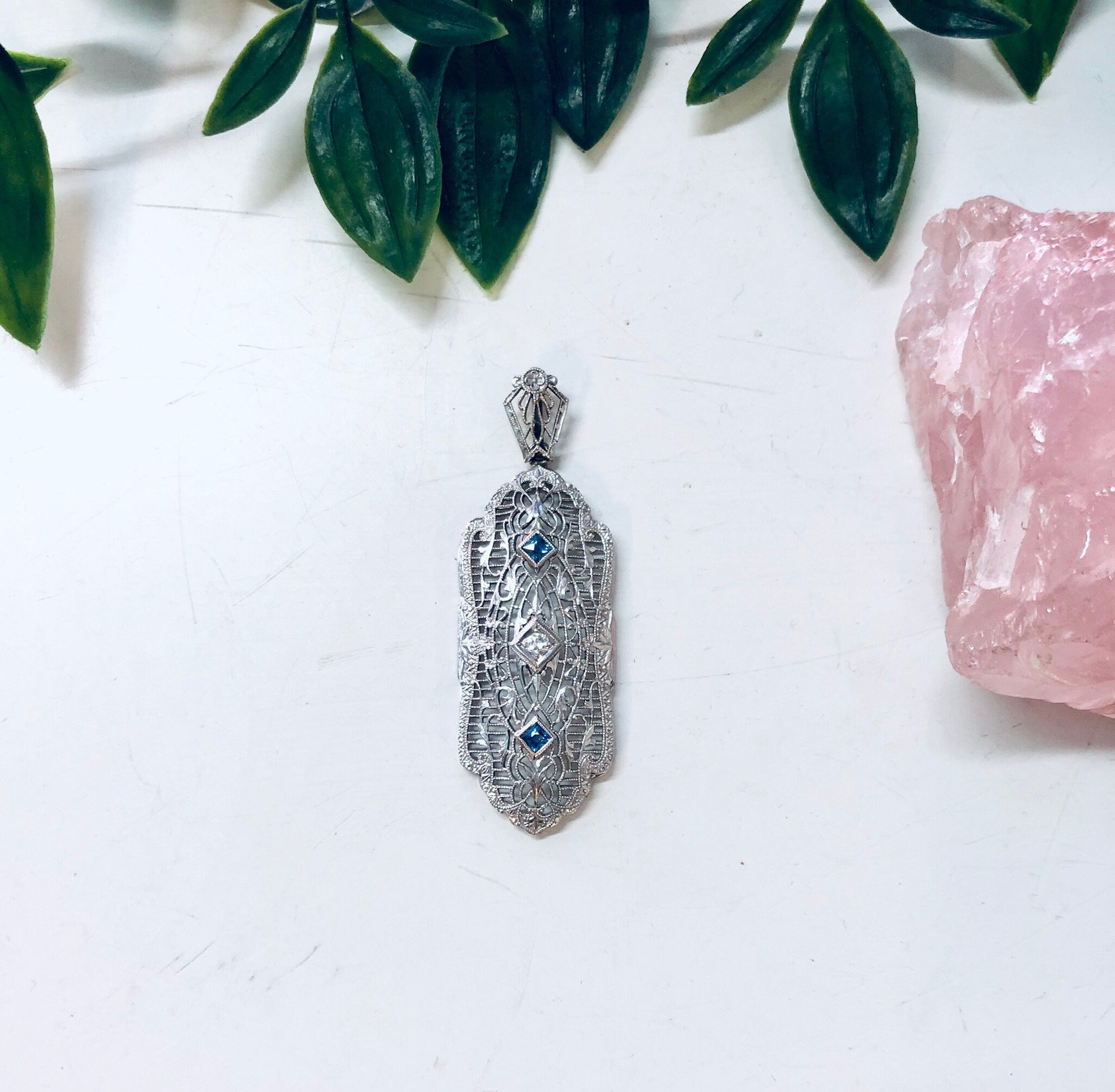 Vintage Gold Pendant, 14K White Gold, 14 Karat Gold, Diamond Pendant, Blue Topaz, Aquamarine Jewelry, Vintage Jewelry, Art Deco Pendant