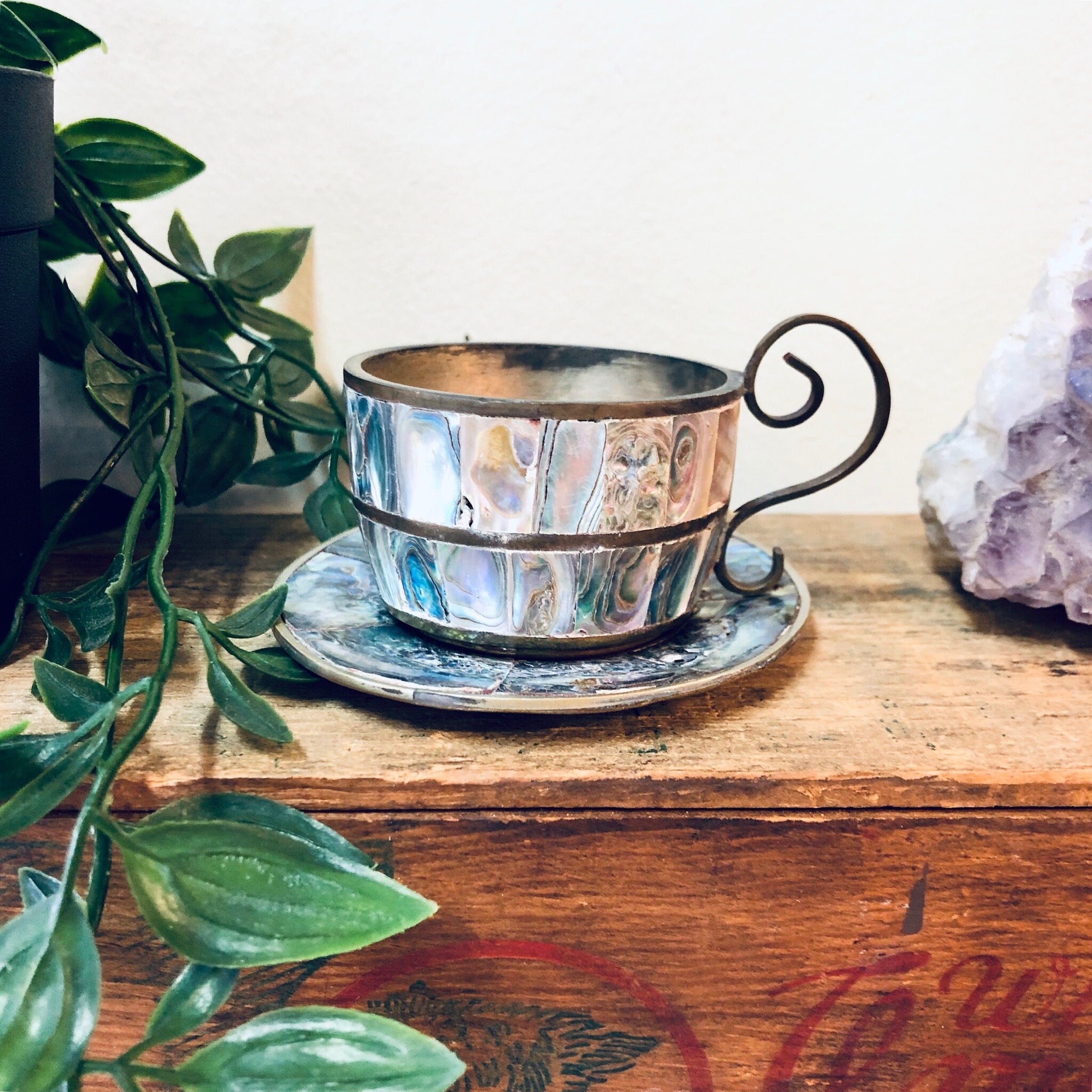 Vintage Teacup, Abalone Teacup, Teacup and Saucer, Made in Mexico, Brass Cup, Cup Set, Mini Teacup Set, Swirl Handle, Abalone Decor, Shell