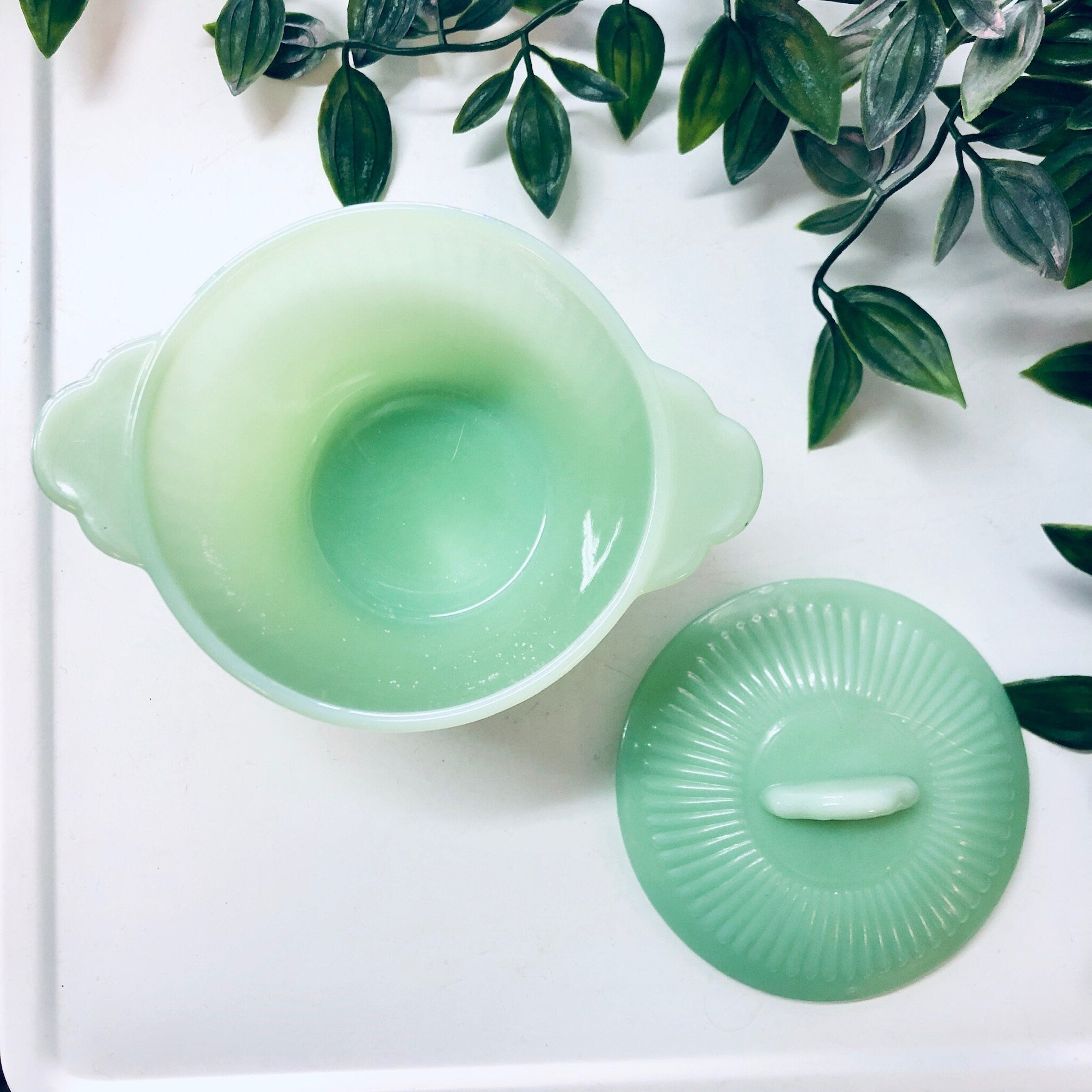 Fire King Jane Ray Jadeite Cream and Sugar Bowl, Vintage Jadeite Creamer Sugar Set, Fire King Collectible Glassware, Green Milk Glass, Green